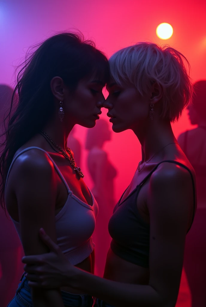night、City、neon、Shading Effects, Gradient Magic Effect, Fog filter effect, Glitter effect, Graphics CG Digital Art, Two young women kissing, a woman with long blonde hair and a woman with short black hair