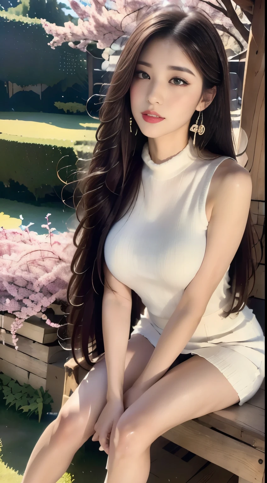 ((Highest quality, 8k, masterpiece :1.3)), One Girl,Red lipstick,Asking for a kiss,Look Up,Dynamic pose, Beautiful woman, Big Breasts:1.3, Highly detailed face, double eyelid, spring, sunny, nature,garden,cherry blossoms,Looking into the camera,White sleeveless sweater,flare skirt,(masterpiece: 1.3), (Maximum resolution: 1.4), (Ultra-high resolution: 1.2), Cinematic Light, Ultra-high resolution, (Detailed eyesと肌), (Detailed facial features), 8k resolution, Perfect Style, Beautiful expression、Highly detailed face and skin texture、Detailed eyes、Glitter Eyeliner:1.2、pale cheeks,Pure white skin:1.1,Glossy Lips:1.2、((Full Body Shot:1.2)),Straight Hairstyles、Black Hair、One-length long hair、175cm,High heels