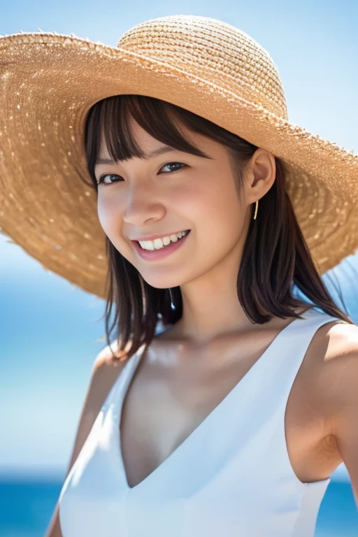 masterpiece,best quality,(Japanese ),((Beautiful girl)),cleavage,(perfect body beauty:1.2),(shy smile),beautiful teeth,(straw hat),(seaside),