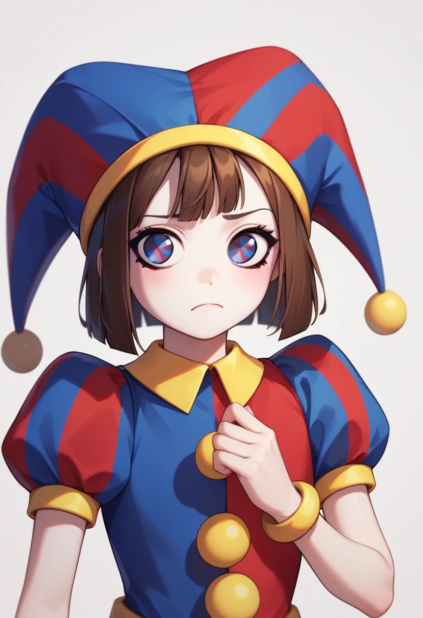 masterpiece,best quality, highly detailed, score_9, score_8_up, score_7_up, score_6_up,BREAK
 pomni,1girl, solo, jester cap, hat, looking at viewer, closed mouth, puffy sleeves, short sleeves,brown hair, puffy short sleeves, upper body, short hair, blue eyes, bangs, frown,circus