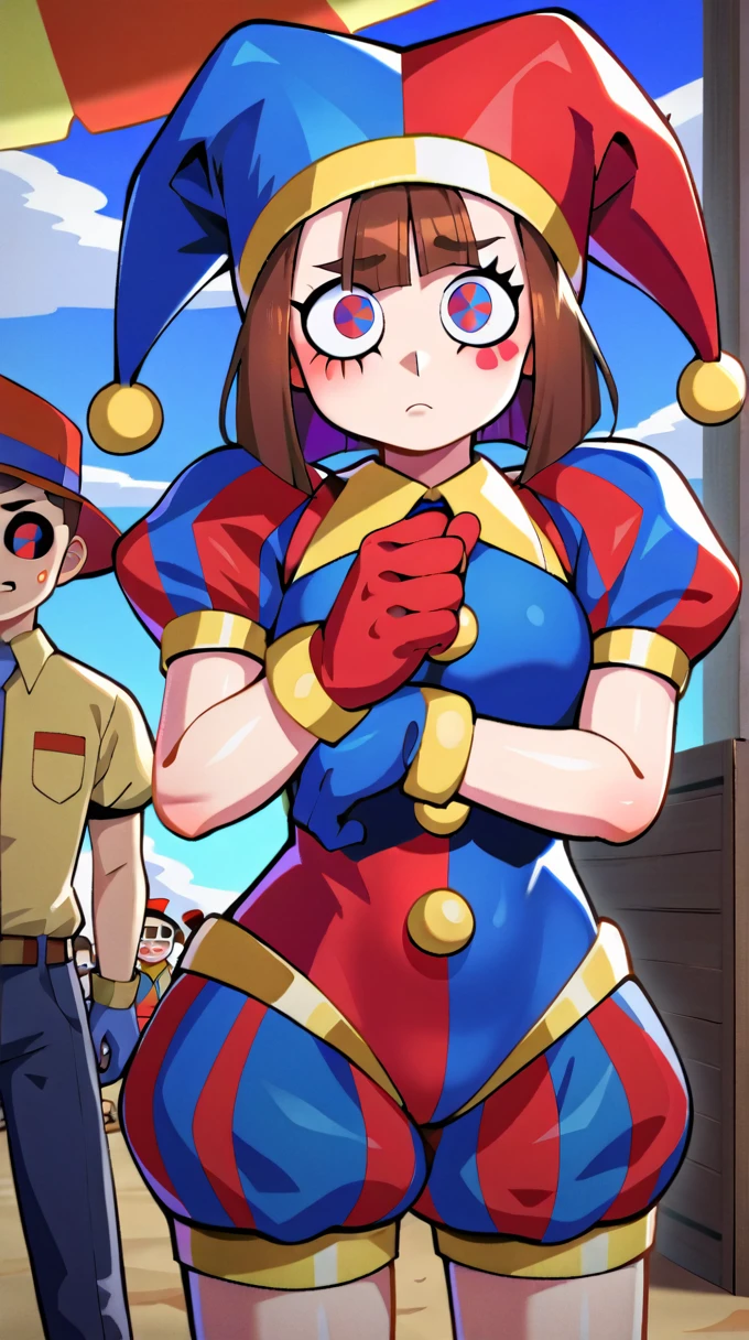 score_9,score_8_up,score_7_up BREAK 4k,HD,8k,highres,antialiasing,texture,pomniSDXL,1girl,looking at viewer,blush,blue eyes,brown hair,red eyes,gloves,hat,short sleeves,striped,puffy sleeves,medium hair,puffy short sleeves,multicolored clothes,blue gloves,red gloves,facepaint,jester cap,multicolored headwear,clown,cowboy shot,Lost look,outdoors,circus,people,