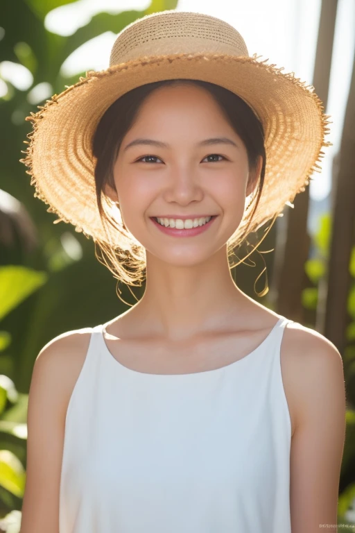 Real Photo,High resolution, Anatomically correct, High detail, Highest quality, A 20-year-old pure Japanese woman, Gentle smile, White sleeveless long dress, Large Breasts, Straw hat, Late summer beach, Natural beaches, Blowing in the fresh breeze, Dramatic backlighting, Reflected light illuminates the face from below, Sparkling sunlight, Sparkling shoreline