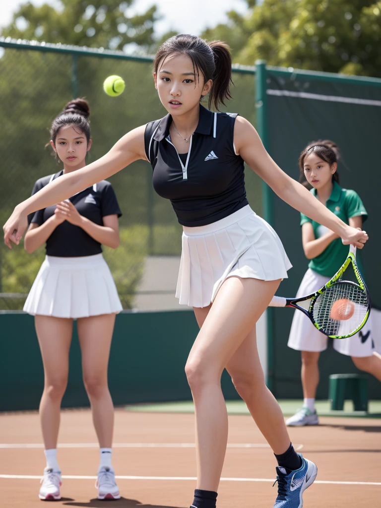 (((Very small breasts and very flat chest))),((Accidentally Exposed Butt:1.3)),((Nipples exposed due to accident:1.3)),A group of European middle school girls, around 12 to , are practicing their tennis smashes on a well-maintained school tennis court. They are dressed in sporty, matching tennis outfits—white shirts with pleated skirts or shorts, paired with comfortable sneakers. The girls are focused, their faces showing determination and athletic prowess as they work on perfecting their powerful smashes. The court is surrounded by a green fence, with a few trees and the school's red-brick buildings visible in the background. Some girls are mid-air, their rackets high as they execute their shots, while others are lined up, watching and waiting for their turn with focused expressions. The sun is shining brightly, casting long shadows on the court, and the atmosphere is one of intense practice and camaraderie as they encourage each other and refine their skills.(masterpiece), (Highest quality),Ultra-high resolution, Caustics, Get used to it, Beautiful Get used to it FACE,Perfect Anatomy,Cowboy Shot,Solo Beauty、日BookのBookを読む人、Black Hair,Short Bob Hair,black eye,Slender body,Ideal body type,Medium chest,Sunburned skin,Glowing Skin,Oily skin,Glowing Skin,Are standing,ponytail,((latex、Tennis uniform、White polo shirt、White pleated mini skirt)),tennis racket１Book、正しく描かれたtennis racket:1.12、Outdoor、Tennis court、，Full body image((beautiful pussy line:1.1)