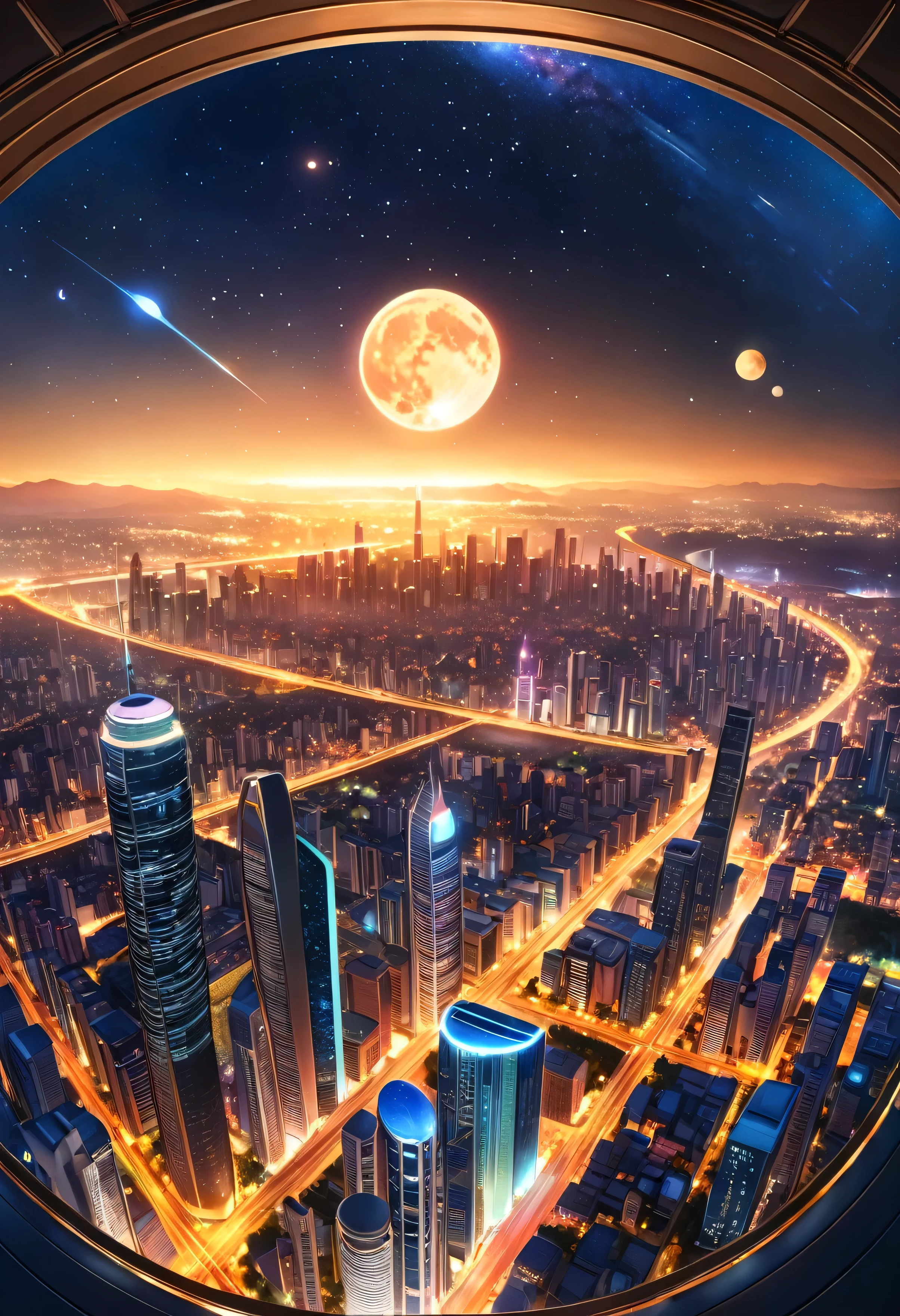 (masterpiece, Best Quality, luz bright, bright) 32K, panoramic tour, Panoramic shot of alien city, with high towers, Lights, at night, edificios altos con Lights, two moons in the sky, stars with warm light, comet in the sky, conurbated city architecture, view from the top of a building.