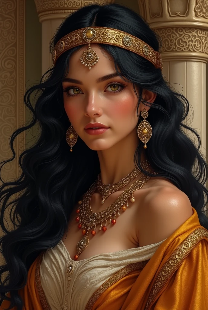 Rich dark haired woman with greed
