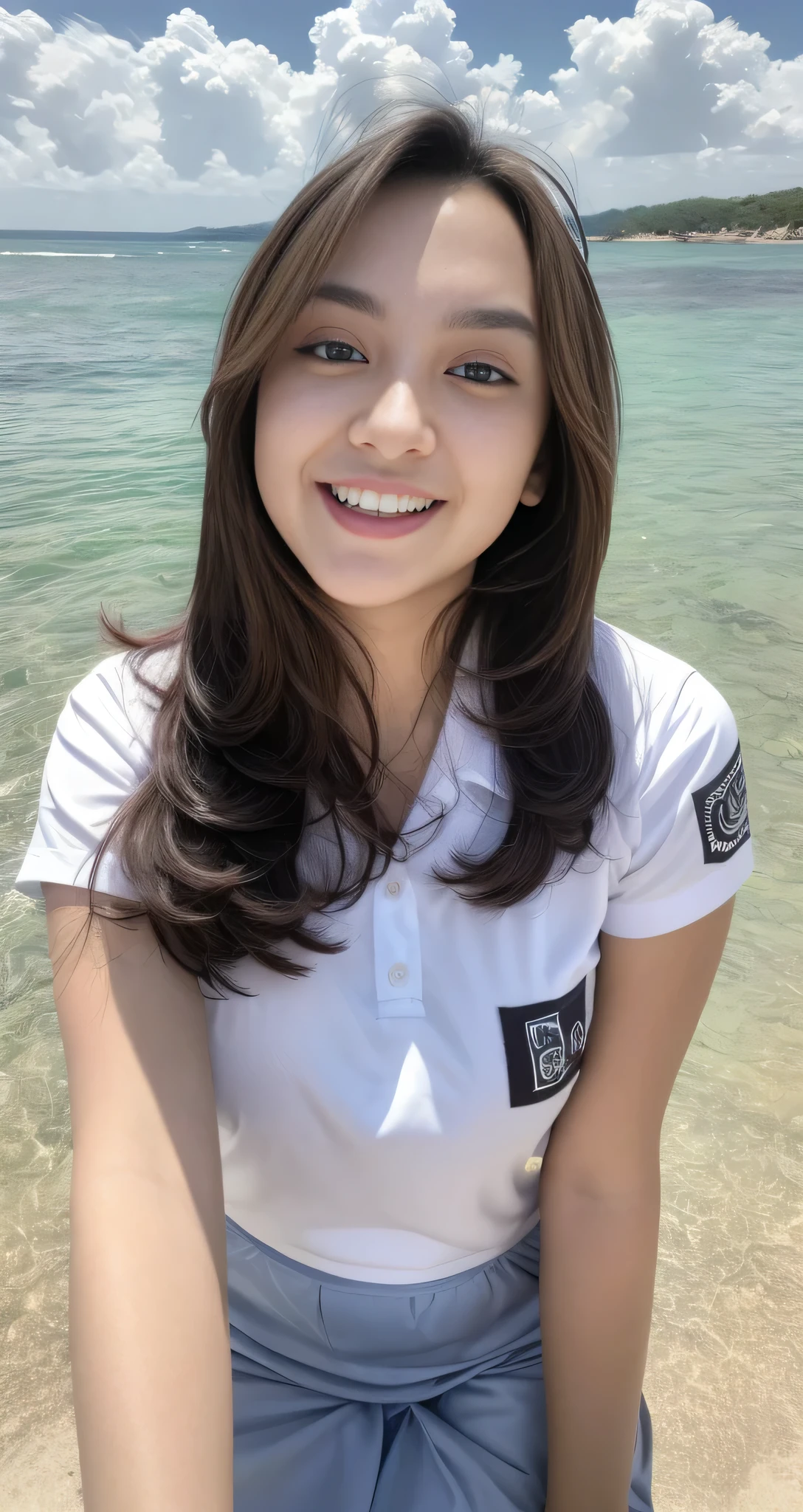1girl, solo, (uniform), standing, at the beach, face at center frame, beautiful realistic ocean scenery, detailed face, seductive smile, detailed eyes, thick breasts, smooth skin, tight white shirt, grey blue short skirt, looking at the audience, low angle shot,(8k, RAW photo, best quality, masterpiece: 1.2), (realistic, realistic: 1.37), ultra-high resolution