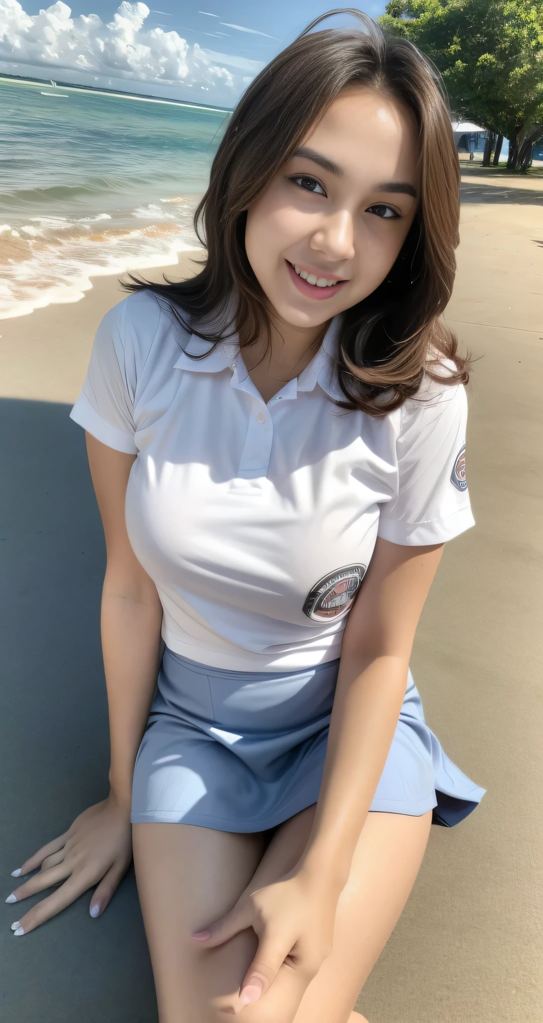 1girl, solo, (uniform), standing, at the beach, face at center frame, beautiful realistic ocean scenery, detailed face, seductive smile, detailed eyes, thick breasts, smooth skin, tight white shirt, grey blue short skirt, looking at the audience, low angle shot,(8k, RAW photo, best quality, masterpiece: 1.2), (realistic, realistic: 1.37), ultra-high resolution