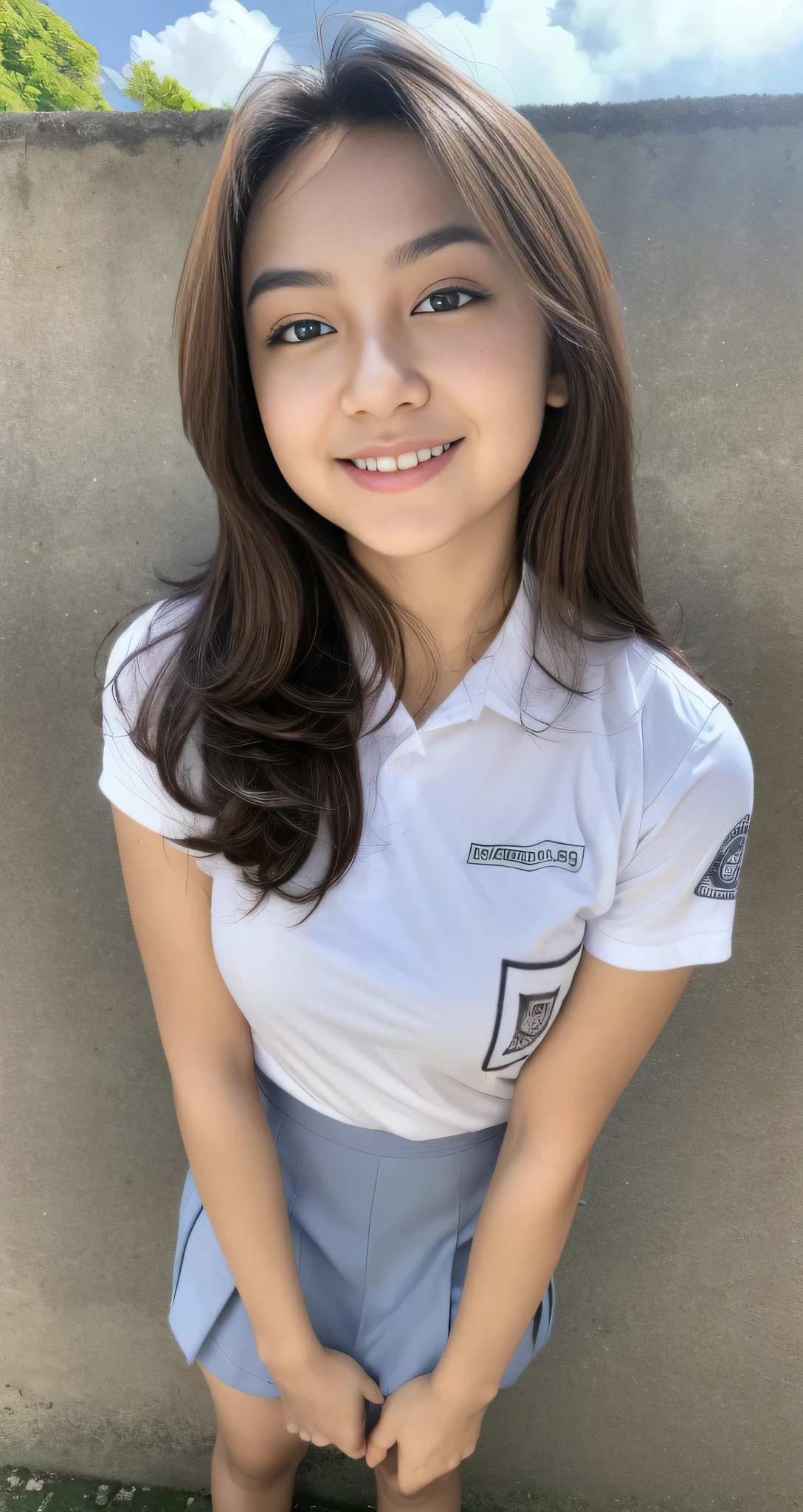 1girl, solo, (uniform), standing, at the beach, face at center frame, beautiful realistic ocean scenery, detailed face, seductive smile, detailed eyes, thick breasts, smooth skin, tight white shirt, grey blue short skirt, looking at the audience, low angle shot,(8k, RAW photo, best quality, masterpiece: 1.2), (realistic, realistic: 1.37), ultra-high resolution