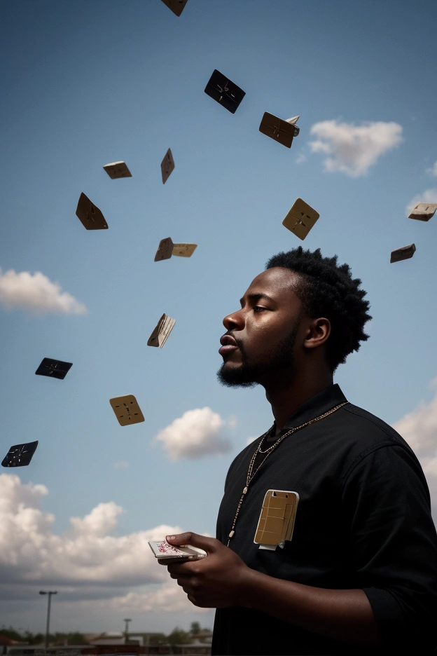 a black person looking at the sky, With cards in hand, with several letters falling from the sky 