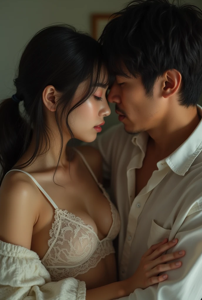 A handsome young couple with long hair and a beautiful Korean girl.,Both naked,A young woman kisses a man's penis in the living room..Perfect body,fingers,Complete toe,big penis.