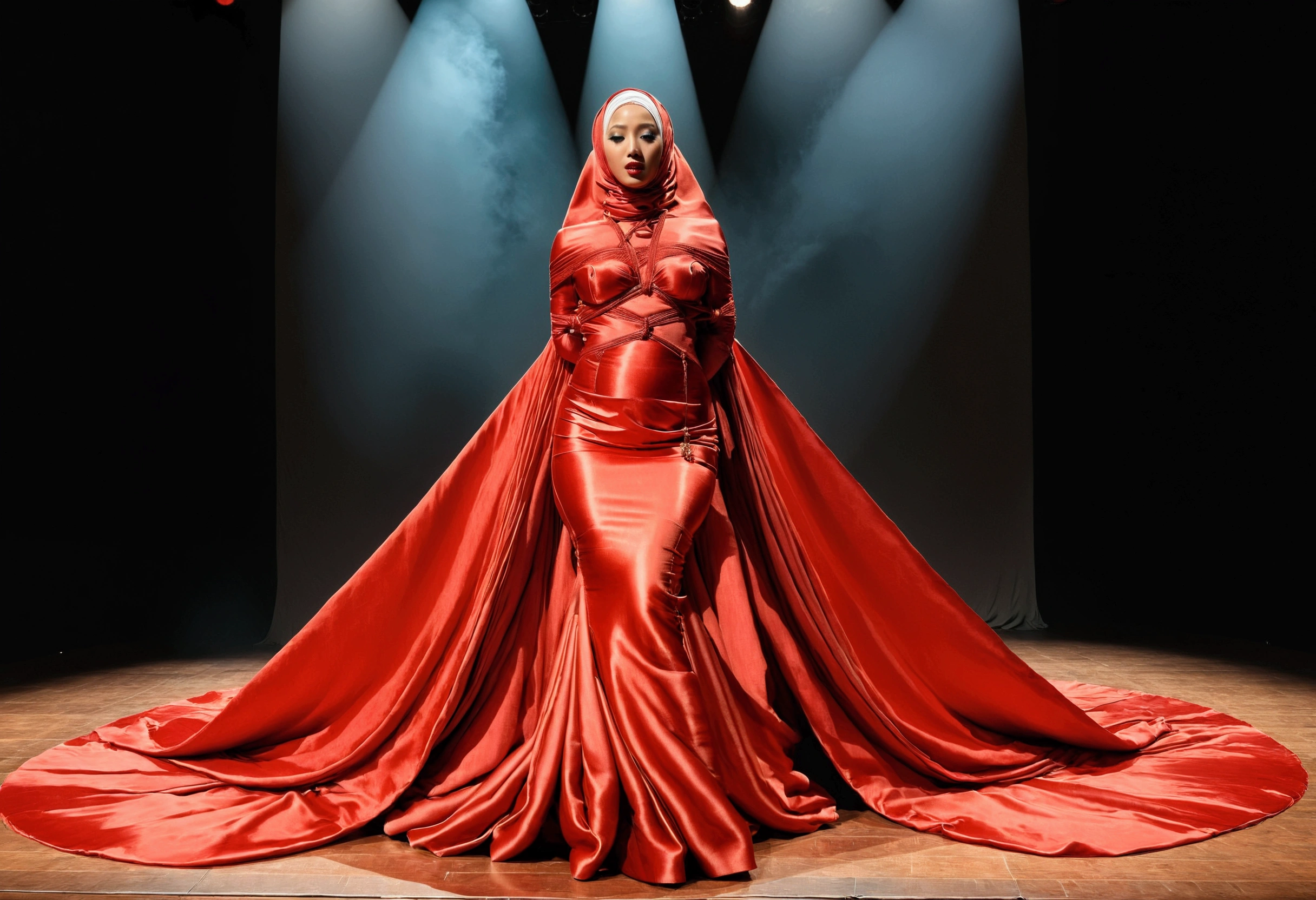 A woman shrouded in a 8-meter-long, plush red satin cloth, tightly bound and grandly draping along the form of her body, flowing off into a pooled floor-length train, styled in a mermaid-inspired outfit with very long train outfit, her head modestly veiled in a satin hijab, tall woman, on stage, sing in front of a microphone stand, a full-body pose conveying a sense of mysterious elegance, captured in a 4k resolution, ultra-realistic