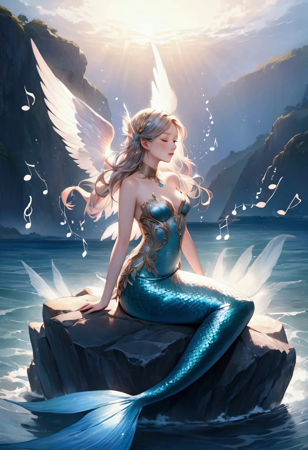 beautiful siren, mermaid body wrapped in feathered wings, sitting on a rock by the sea, humming, her beautiful voice, multiple exposure, the music notes of her voice swirling around the ship:1.3