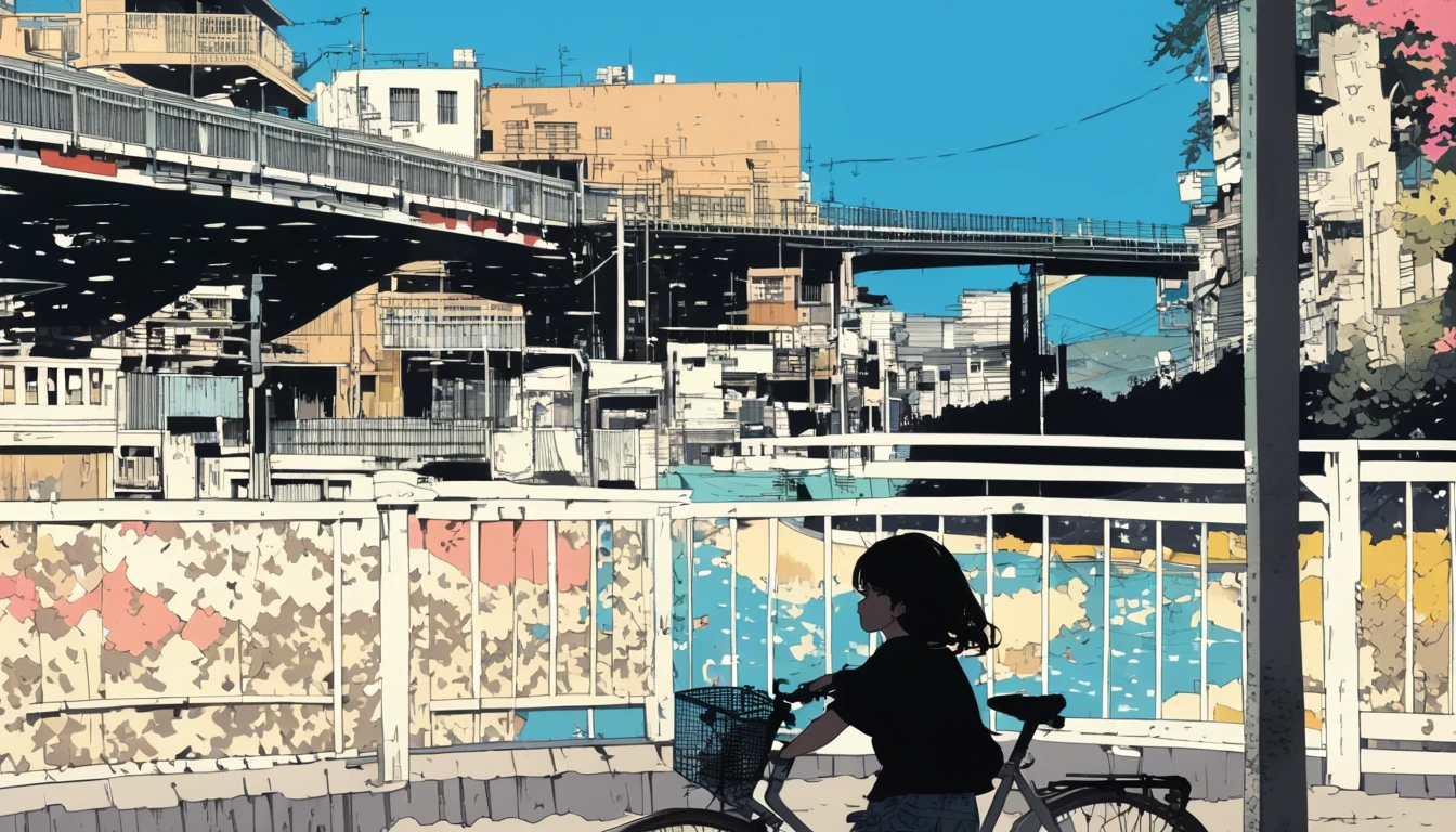 Extremely detailed 8K CG, Very detailed:1.3, Very delicate and detailed face:1.3, (Absurd, texture, masterpiece), Pop Art, pixiv Contest Winner, by Posuka Demizu, Kyoto as background,Dynamic cartoon style illustrations,Over T-shirt、I commute to college by bicycle、River side