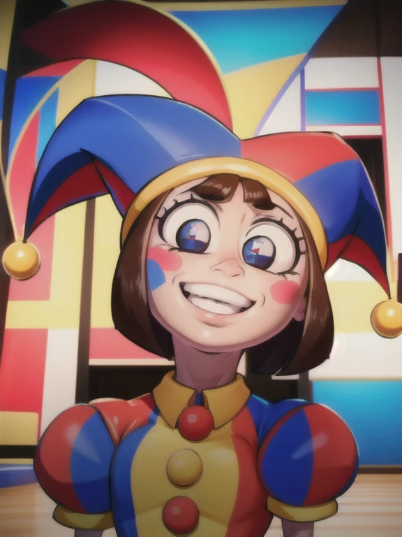 absurdres, 8k, focused lighting, best quality, masterpiece, extremely detailed, highres, ultra-detailed,  pomni, clown, brown hair, facepaint, blush stickers, symbol-shaped pupils, puffy sleeves, jester cap, gloves, hat, medium shot,  crazy smile, broken smile, head tilted to the side