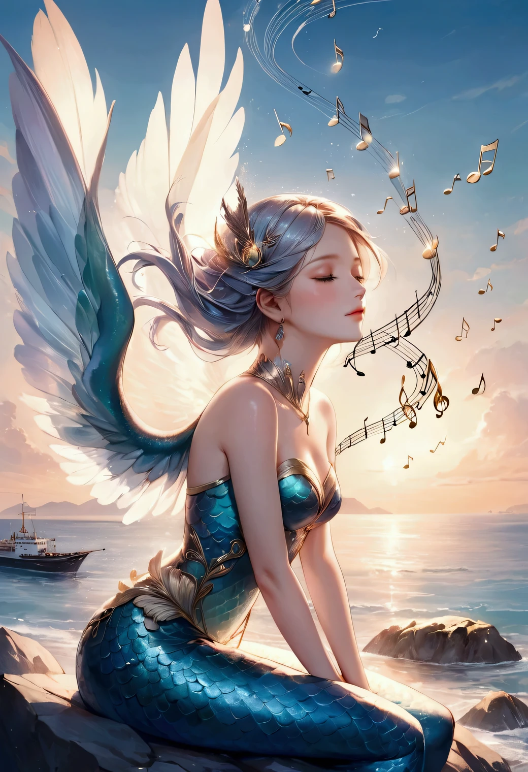 beautiful siren, mermaid body wrapped in feathered wings, sitting on a rock by the sea, humming, her beautiful voice, portrait, multiple exposure, the music notes of her voice swirling around the ship:1.3