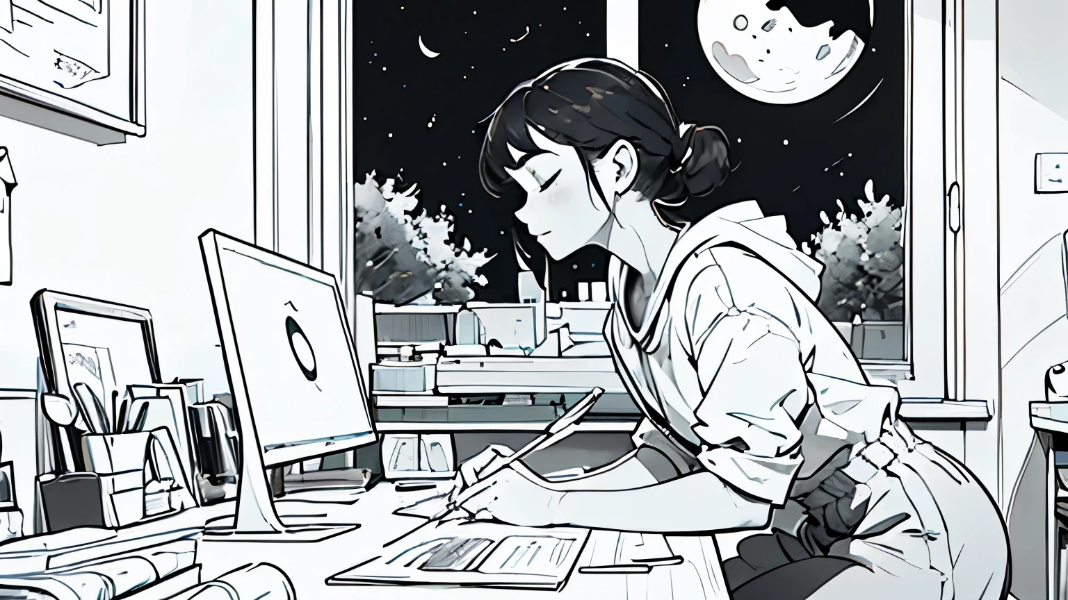 Coloring page, Cute woman looking at the moon from the window in her room, computer, night, overtime, Dozing off, Black and White, Simple and minimal, Perfect shape, Line art only, No grey or shade