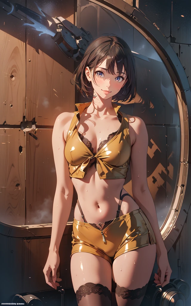 (Master masterpiece:2)、(((extremely fine and beautiful)))、(16k UHD:2)、(Wet sexy girl:1)、(Sheer Metallic Gold Leotard:2)、(Black pantyhose:1.6)、(medium large breasts)、(Transparent skin:1.6)、(Long ponytail hair:1.8)、(Beautiful eyes:1.8)、(Standing)、(Nominal body type)、(Glamorous:1.4)、(musculature:1.4)、(Thin thighs:1.6)、(Thin leg:1.6)、(A smile)、(Dance Studio:2))、(Dynamic Pose:1.4)、(Dynamic Angle:1.6)、Correct anatomy、Good anatomy、Five Fingers、(((The ultra -The high-definition)))、(ighly detailed)), ((Very detailed and beautiful)), ((Very detailed and beautiful)), (luminism)),