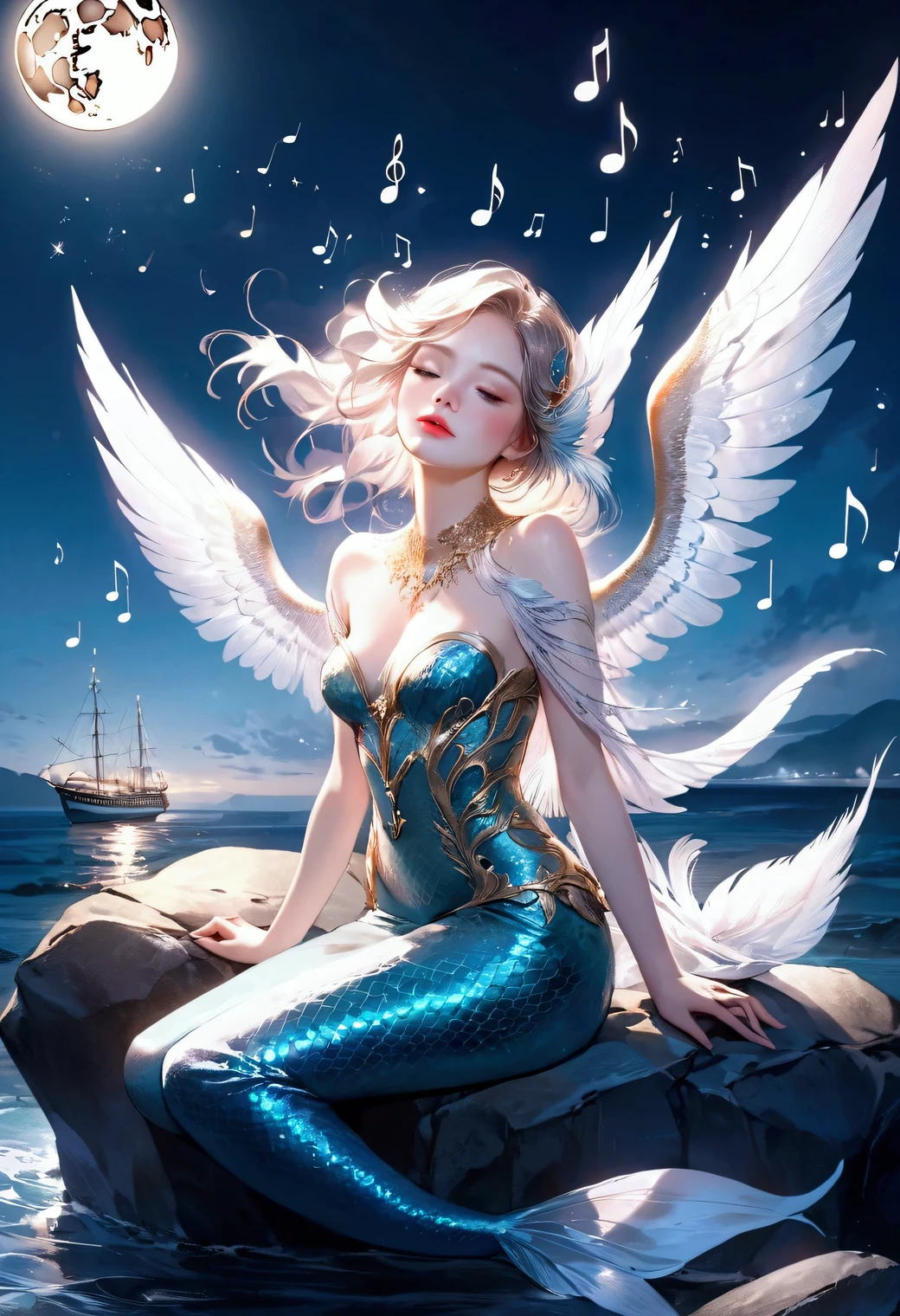 beautiful siren, mermaid body wrapped in feathered wings, sitting on a rock by the moonlit sea, humming, her beautiful voice, intricate detailed, face, longeyelash, lips, multiple exposure, the music notes of her voice swirling around the ship:1.3