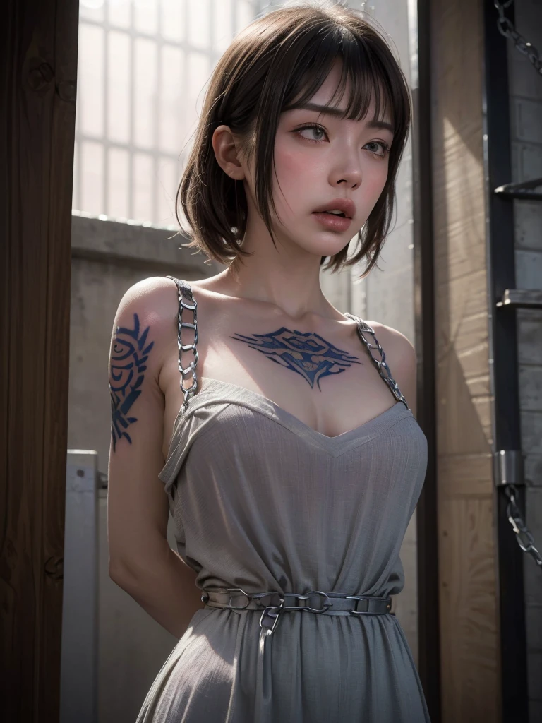 (Highest quality, masterpiece, Very detailed, Ultra-high resolution, Realistic, RAW Photos, Confused, Absolute Resolution:1.5), (Realistic:1.4),Browsing Caution, 1 female, 30-year-old woman, Japanese, Realistic lighting, Backlight, Facial Light, Ray Tracing, (thin：Weight 1.0), Small breasts, Glowing Skin, Sharp details, 超Realistic, Fine and beautiful skin, Browsing Caution,((shibari)),((Place your arms behind your back, Cowgirl)),(((完全にTied upいる)))), ((Pillory)),Inhibition, (torture chamber, prison:1.5), (((From below:1.5, Looking at the audience:1.3, close))), (((Frowning、Open your mouth、Squint your eyes))),, ((Bob Hair, short hair, Straight hair, bangs:1.3, Brown Hair)), (nude), Very detailed顔と肌の質感, bondage, slave, bondage,((Face close-up:1.2)), ((Arms covered in tattoos:1.2)), ((His chest is covered in tattoos:1.4)),((全身をA body covered in tattoos:1.2)), ((A body covered in tattoos:1.4)),(Dragon Tattoo),(Bishamonten tattoo),Dungeons, (At night:1.2), fireplace, Warm Light, Dramatic Light, Cinematic, (close:1.2), bondage, bondage, bondage Dungeons, conversion, constrained, bound, Tied up, constrainedされた腕, constrainedされた手, 完全にconstrainedされた, constrainedされた身体, bound with chains, bound hands, Black Hair, blush, bondage outfit, bondage,((I have both)),((The penis is growing)),((ejaculation)),((Rubbing the penis)),((Straight erect penis)),