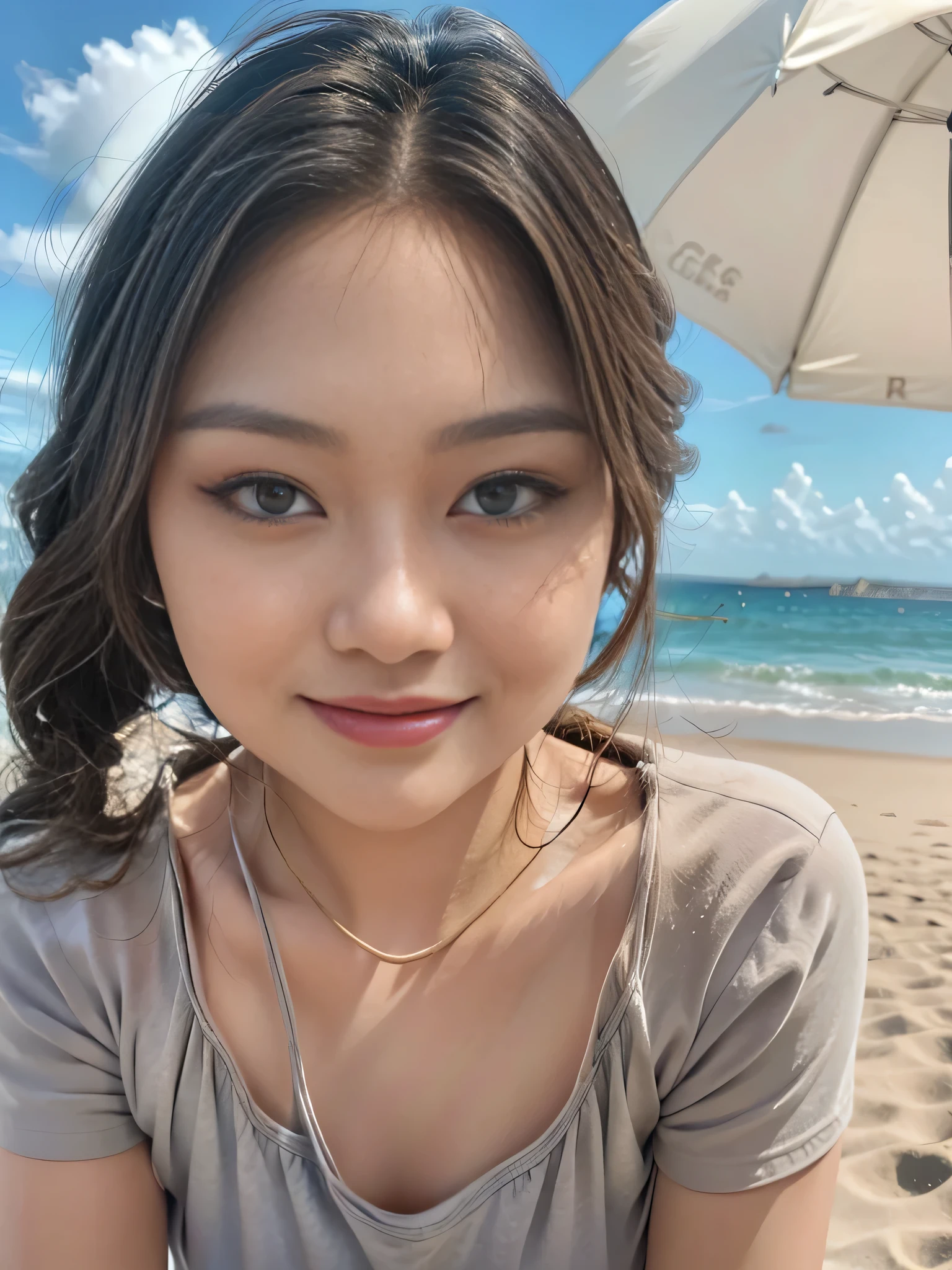 1girl, solo, (uniform), standing, at the beach, face at center frame, beautiful realistic ocean scenery, detailed face, seductive smile, detailed eyes, thick breasts, smooth skin, tight white shirt, grey blue short pants, looking at the audience, low angle shot,(8k, RAW photo, best quality, masterpiece: 1.2), (realistic, realistic: 1.37), ultra-high resolution