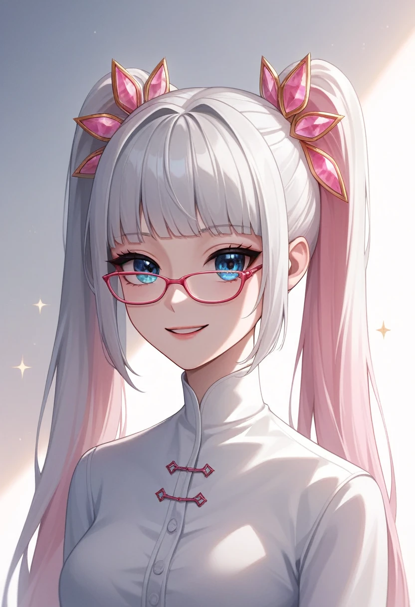 Best quality at best at best，tmasterpiece，Extremely Delicately Beautiful，The content is very detailed，CG，gatherings，8k wallpaper，An Astonishing，depth of fields，1 Chinese girl，very beautiful look，delicate skin，Flawless Face，plain face，white color hair，Long gray hair，high ponytails，There are two strands of white hair on both sides of the ears，Wear pink hair accessories，Eye color is sky blue，Elaborate Eyes，Wear bare breasted half-rimmed glasses, sparkle in eyes，Happy face,  （wear white shirt）, sitting down, Learn，Movie Lighting, realistically, tmasterpiece, Best quality at best, Complex CG, The face is very detailed, High detail eyes