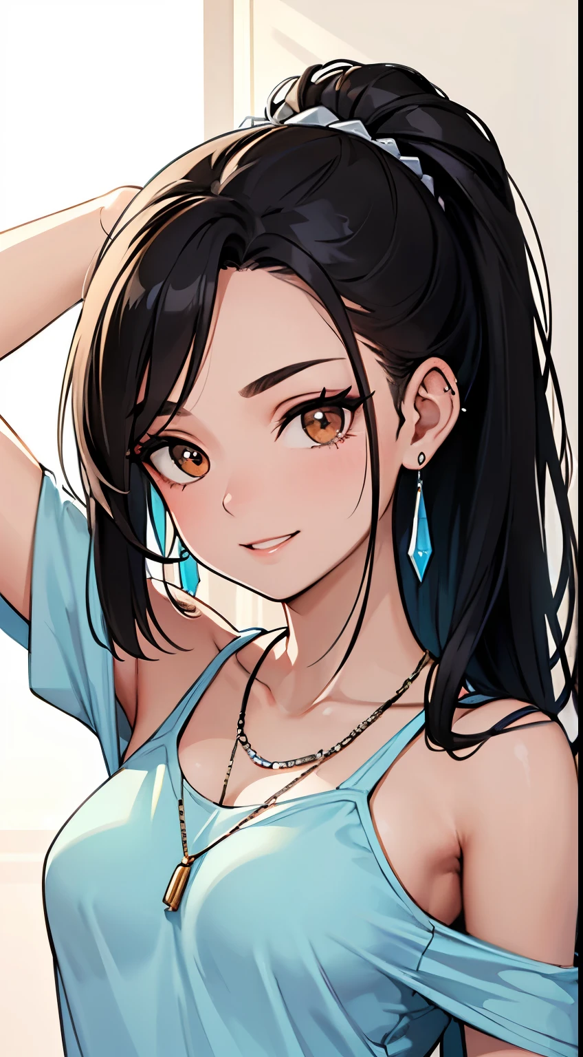Amazing portrait of the upper body of a young woman who is 20 years old with a beautiful and highly detailed face and skin texture with fine brown eyes with double eyelid and thin eyebrows and glitter eyeliner with natural cheeks and shiny skin wearing a blue off shoulder dress paired with a sparkly necklace and earrings with glossy lips parted in an enchanting smile with black hair tightly tied in a braided ponytail with focus on her chest and face with this upper body shot and her t shirt showcasing her bare shoulders and small breasts