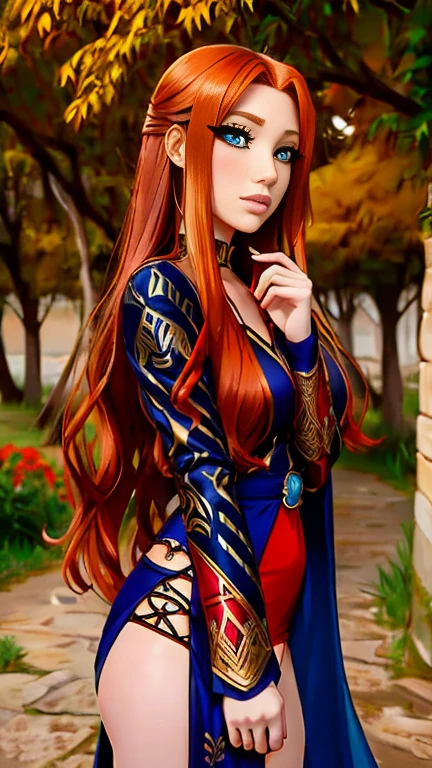 Long red golden hair, good looking, female magician, young woman, ancientness, ancientness Stadt im Hintergrund, anime styling