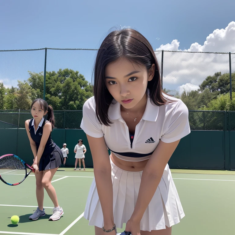 (((Very small little girl:1.7))),((Accidentally showing her asshole)),(((Very small breasts and very flat chest))),((Accidentally Exposed Butt:1.3)),((Nipples exposed due to accident:1.3)),A group of European middle school girls, around 12 to , are practicing their tennis smashes on a well-maintained school tennis court. They are dressed in sporty, matching tennis outfits—white shirts with pleated skirts or shorts, paired with comfortable sneakers. The girls are focused, their faces showing determination and athletic prowess as they work on perfecting their powerful smashes. The court is surrounded by a green fence, with a few trees and the school's red-brick buildings visible in the background. Some girls are mid-air, their rackets high as they execute their shots, while others are lined up, watching and waiting for their turn with focused expressions. The sun is shining brightly, casting long shadows on the court, and the atmosphere is one of intense practice and camaraderie as they encourage each other and refine their skills.(masterpiece), (Highest quality),Ultra-high resolution, Caustics, Get used to it, Beautiful Get used to it FACE,Perfect Anatomy,Cowboy Shot,Solo Beauty、日BookのBookを読む人、Black Hair,Short Bob Hair,black eye,Slender body,Ideal body type,Medium chest,Sunburned skin,Glowing Skin,Oily skin,Glowing Skin,Are standing,ponytail,((latex、Tennis uniform、White polo shirt、White pleated mini skirt)),tennis racket１Book、正しく描かれたtennis racket:1.12、Outdoor、Tennis court、，Full body image((beautiful pussy line:1.1)