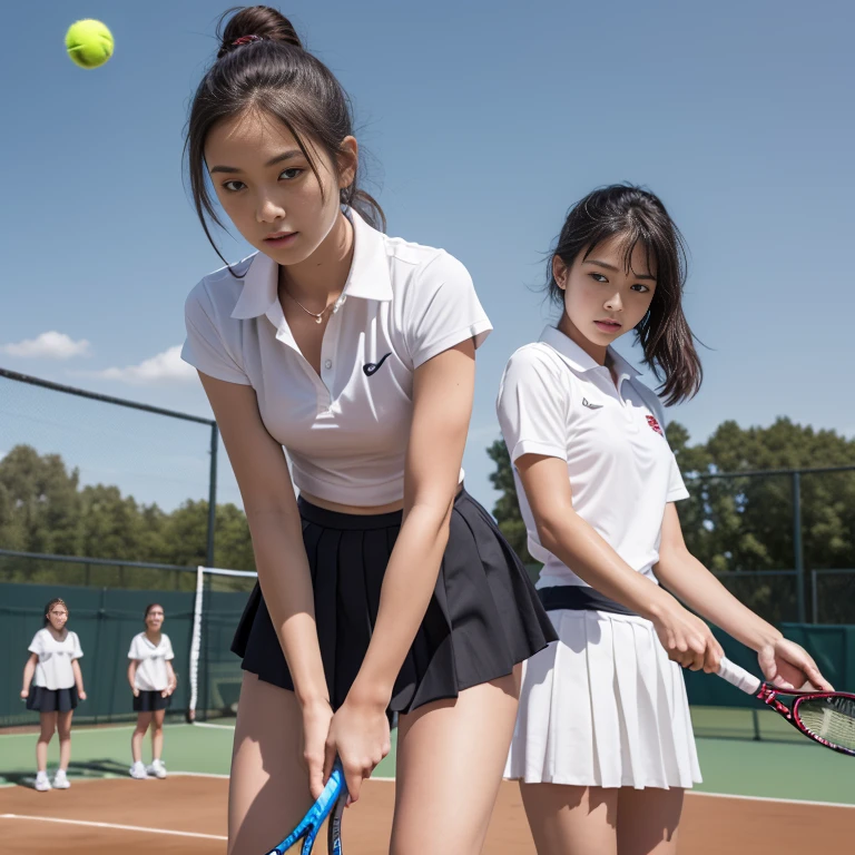 (((Very small little girl:1.7))),((Accidentally showing her asshole)),(((Very small breasts and very flat chest))),((Accidentally Exposed Butt:1.3)),((Nipples exposed due to accident:1.3)),A group of European middle school girls, around 12 to , are practicing their tennis smashes on a well-maintained school tennis court. They are dressed in sporty, matching tennis outfits—white shirts with pleated skirts or shorts, paired with comfortable sneakers. The girls are focused, their faces showing determination and athletic prowess as they work on perfecting their powerful smashes. The court is surrounded by a green fence, with a few trees and the school's red-brick buildings visible in the background. Some girls are mid-air, their rackets high as they execute their shots, while others are lined up, watching and waiting for their turn with focused expressions. The sun is shining brightly, casting long shadows on the court, and the atmosphere is one of intense practice and camaraderie as they encourage each other and refine their skills.(masterpiece), (Highest quality),Ultra-high resolution, Caustics, Get used to it, Beautiful Get used to it FACE,Perfect Anatomy,Cowboy Shot,Solo Beauty、日BookのBookを読む人、Black Hair,Short Bob Hair,black eye,Slender body,Ideal body type,Medium chest,Sunburned skin,Glowing Skin,Oily skin,Glowing Skin,Are standing,ponytail,((latex、Tennis uniform、White polo shirt、White pleated mini skirt)),tennis racket１Book、正しく描かれたtennis racket:1.12、Outdoor、Tennis court、，Full body image((beautiful pussy line:1.1)