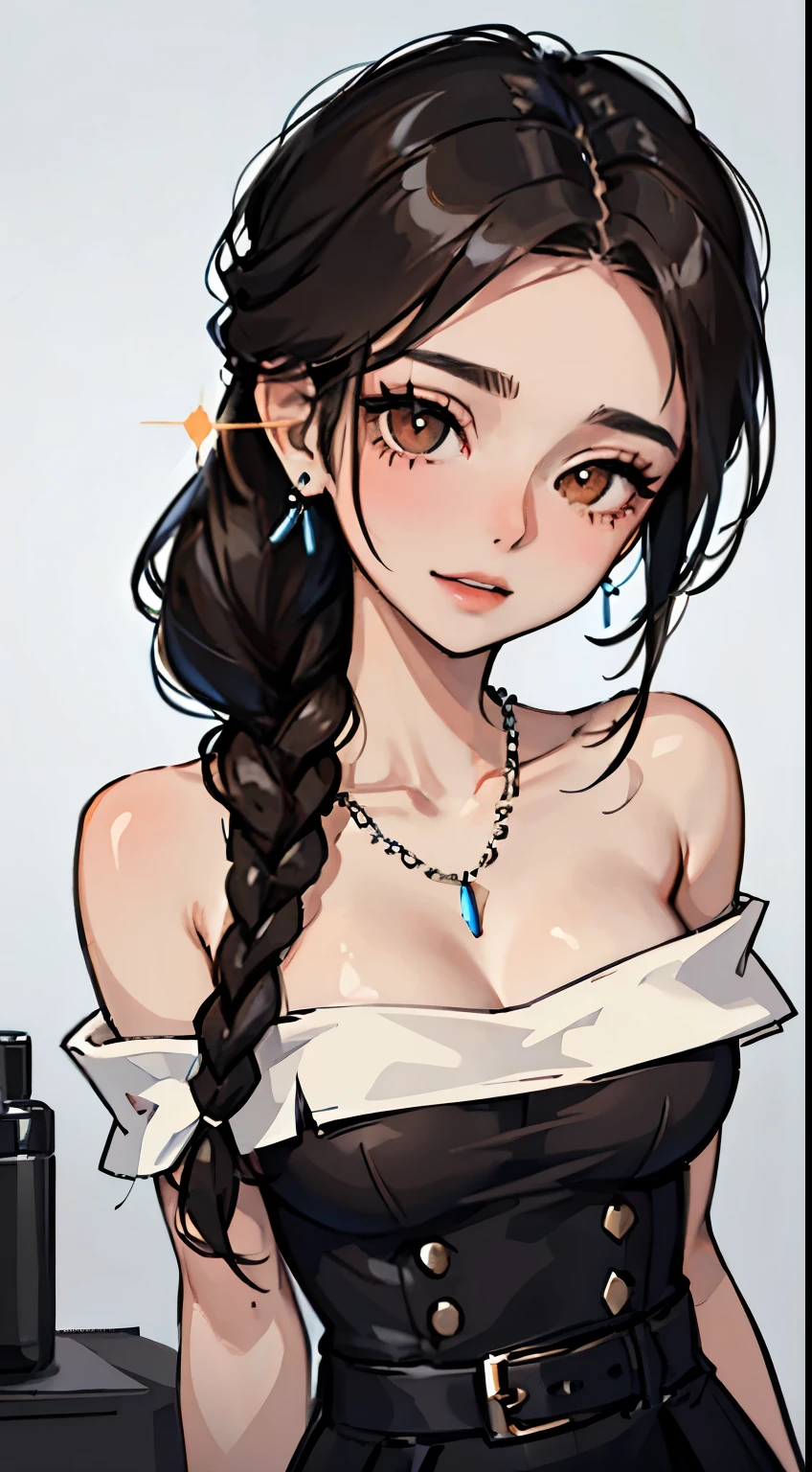 Amazing portrait of the upper body of a young woman who is 20 years old with a beautiful and highly detailed face and skin texture with fine brown eyes with double eyelid and thin eyebrows and glitter eyeliner with natural cheeks and shiny skin wearing a blue off shoulder dress paired with a sparkly necklace and earrings with glossy lips parted in an enchanting smile with black hair tightly tied in a braided ponytail with focus on her chest and face with this upper body shot and her t shirt showcasing her bare shoulders and small breasts