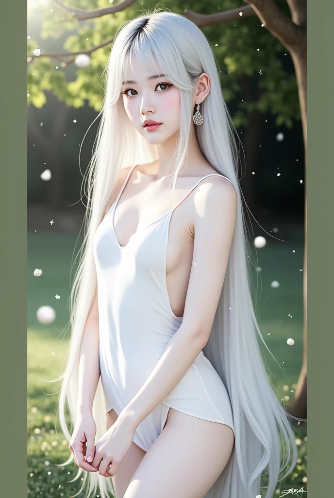 (((White tail:1.5))), Beautiful white fox, (white fox with nine tails),
(bare shoulders:0.85), ((nude:1)),(naked tits:0.55), (bright atmosphere, enchanting shine, bright lighting, fantastic atmosphere, enchanting shine, exciting colors, fascinating color usage, dramatic lighting, enchanting aura),1 girl, masterpiece,highest quality, 1 girl,
(Upper body:1.2),((nipple:0.55)),(1 Chinese pattern in the middle of the girl's forehead),Girls with weak temperament,
Like a spectacular movie, soft natural light, rim light, absurd, wonderful, interesting, Complex, very detailed, surreal, soft colors,
White flowers pink flowers,((Barefoot:1)),