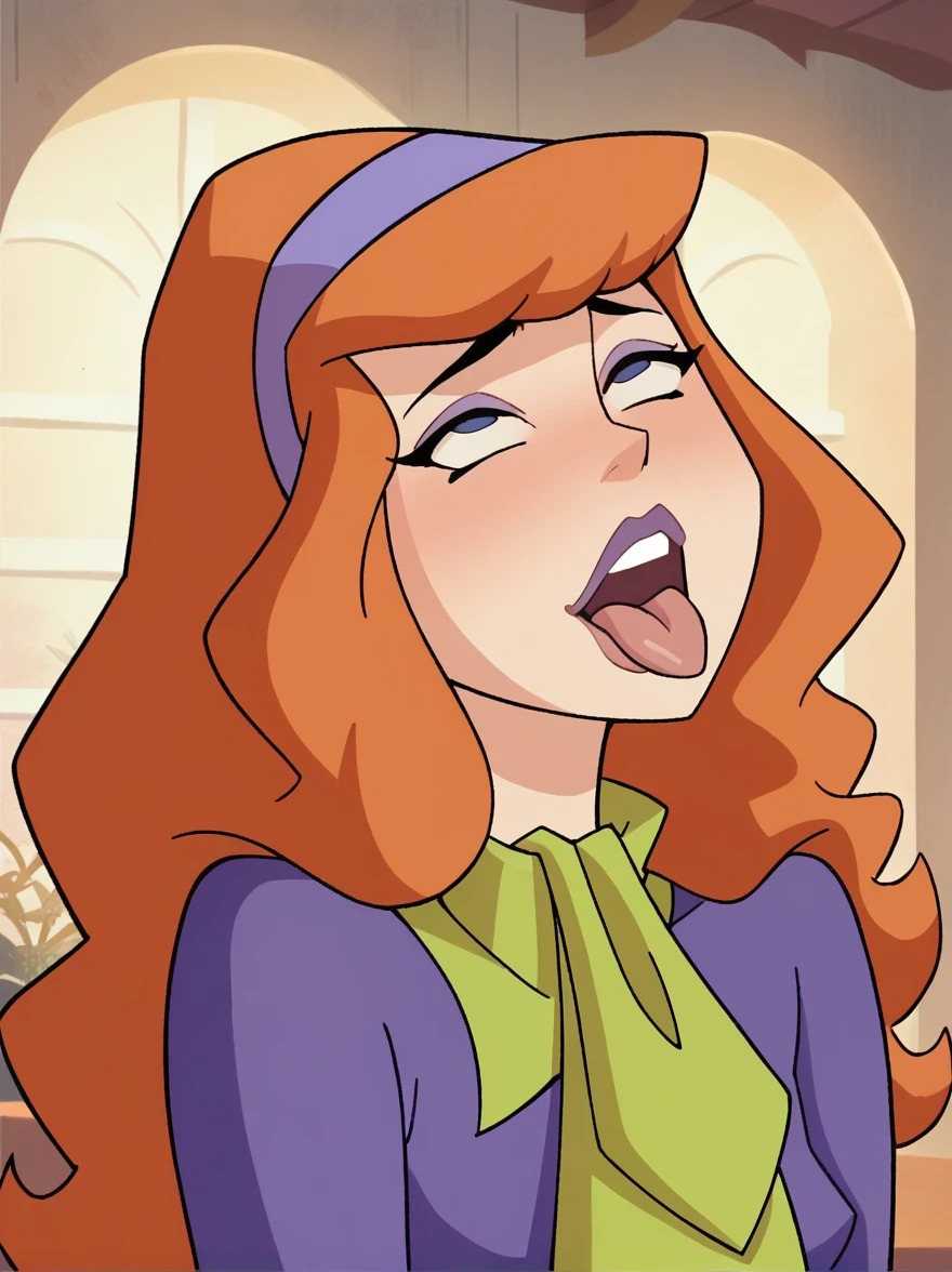 Daphne Blake, hair orange, purples eyes, ahegao, just the face, looking at the spectator, upper part, neckleace, best qualityer 