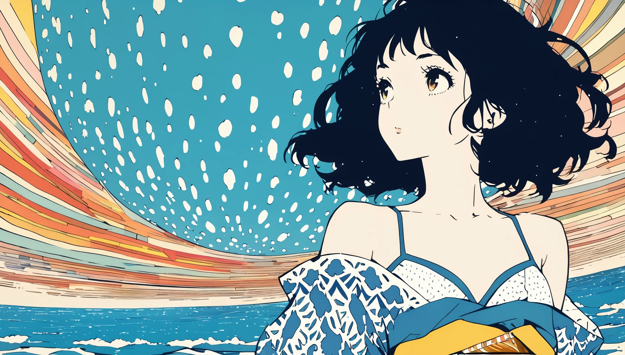 Extremely detailed 8K CG, Very detailed:1.3, Very delicate and detailed face:1.3, (Absurd, texture, masterpiece), Pop Art, pixiv Contest Winner, by Posuka Demizu, Dynamic cartoon style illustration of a slender woman wearing a kimono patterned bikini floating in the ocean. She is looking up.