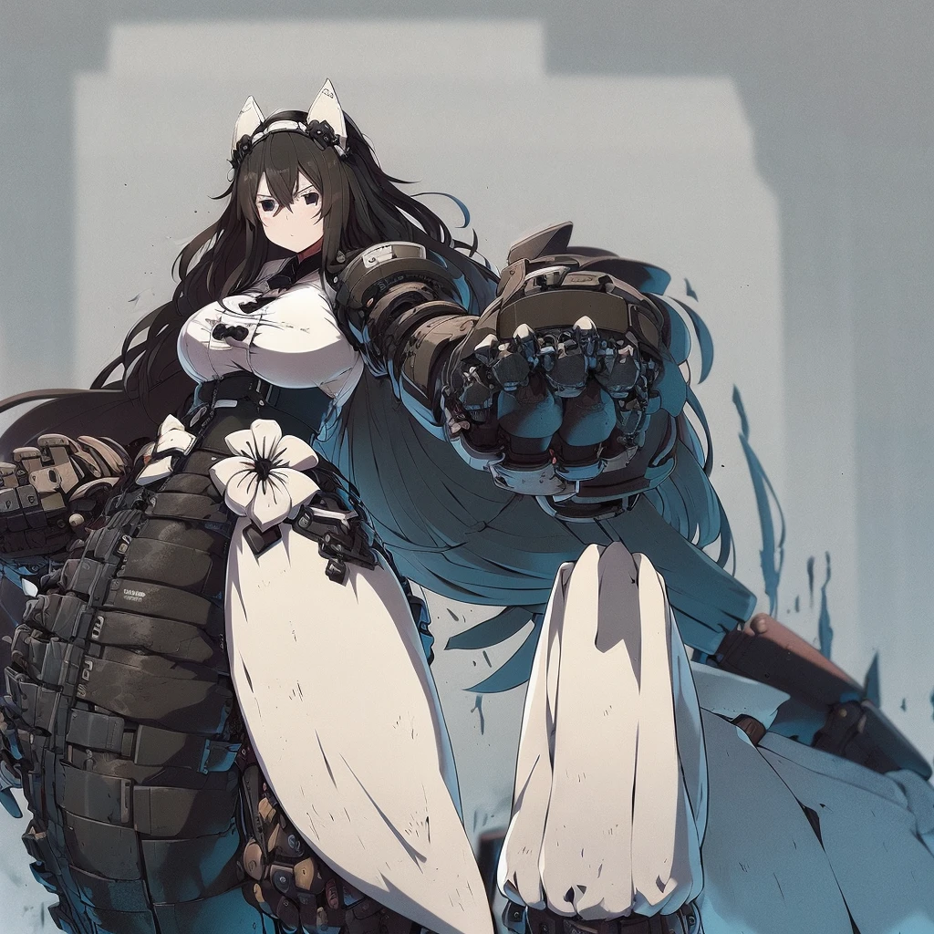 Anime, 1 girl, Fubuki, pale pure white skin, dead cold black eyes with shadows under them, fubuki's long wavy black hair tied in long twin tails decorated by a white ribbon, expressive Brown eyes, busty, military's uniform, large mechanical arms, mechanical hands, serious expression, large heavy mechanical arms,