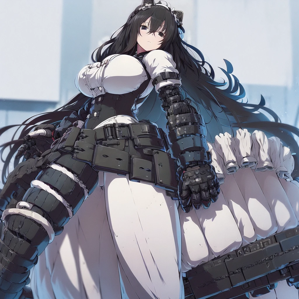 Anime, 1 girl, Fubuki, pale pure white skin, dead cold black eyes with shadows under them, fubuki's long wavy black hair tied in long twin tails decorated by a white ribbon, expressive Brown eyes, busty, military's uniform, large mechanical arms, mechanical hands, serious expression, large heavy mechanical arms,