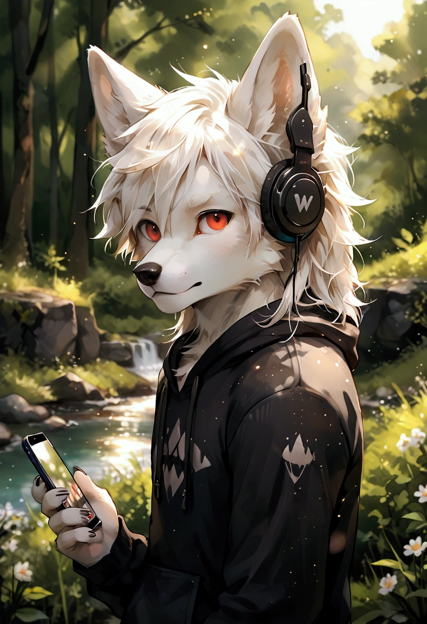 furry, masterpiece, high quality, absurd resolution, digital painting \(artwork\),soft lighting, solo, (humanoid male wolf), (white body), white hair short, fluffy, sunlight, side view, panoramic, portrait, looking at viewer, focus on character. (detailed backdrops, amazing backdrops), outdoor, landscape, light particles
furry, wolf, male,
Wolf boy, Adorable, red eyes, Fluffy white fur, white hair, slim, Skinny, black hoodie, wearing headphones, holding smartphone
