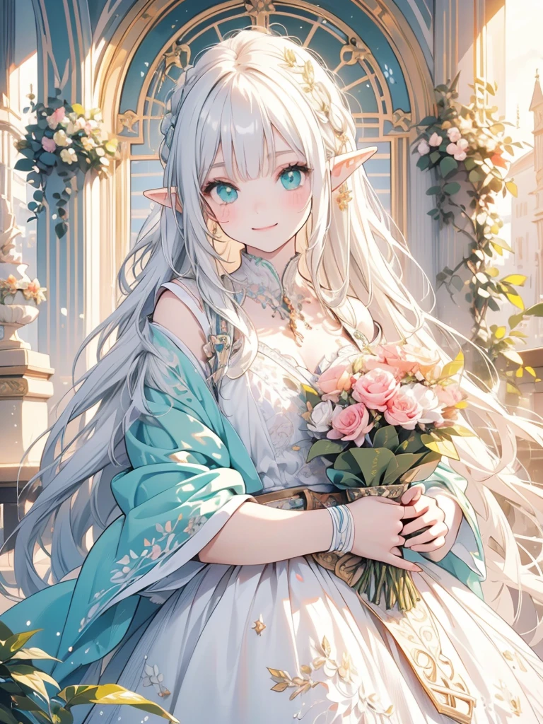 masterpiece, best quality, 1girl, ultra detailed, ultra highres, well-definded facial features, anatomically correct, cute girl, long pointy ears, elf, nice face,white hair, green eyes, hugging bouquet, smile, blush, art nouveau,