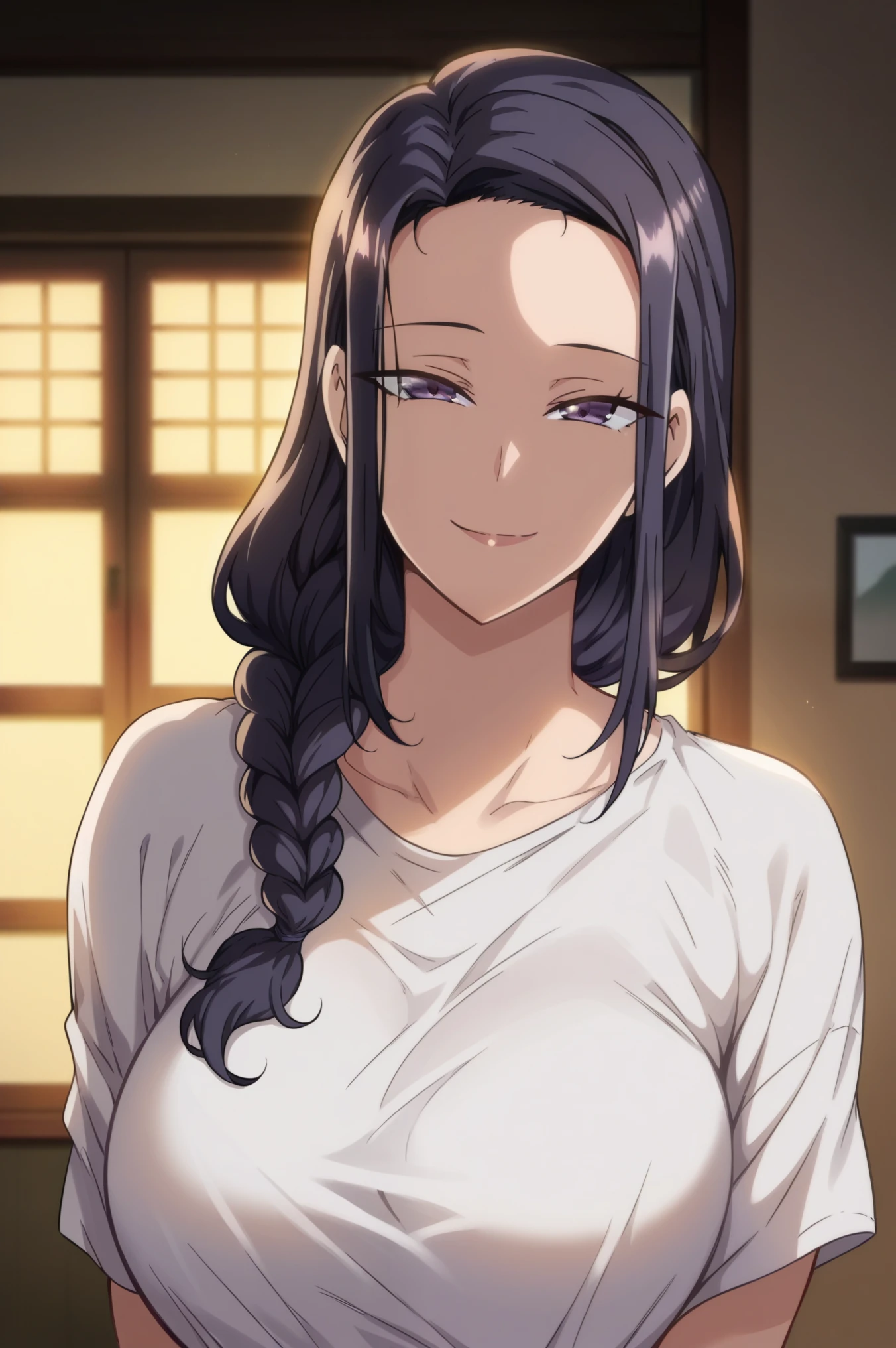 Tsubaki,1girl,mature female,long hair,black hair,purple eyes,hair over shoulder,braid,breasts,t-shirt,upper body,smile,looking at viewer,indoors