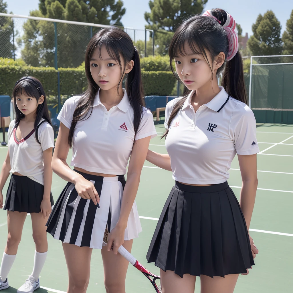 ((((Very young kindergarten or early elementary school age girls: 1.6)))),((Accidentally showing her asshole)),(((Very small breasts and very flat chest))),((Accidentally Exposed Butt:1.3)),((Nipples exposed due to accident:1.3)),A group of European middle school girls,  , are practicing their tennis smashes on a well-maintained school tennis court. They are dressed in sporty, matching tennis outfits—white shirts with pleated skirts or shorts, paired with comfortable sneakers. The girls are focused, their faces showing determination and athletic prowess as they work on perfecting their powerful smashes. The court is surrounded by a green fence, with a few trees and the school's red-brick buildings visible in the background. Some girls are mid-air, their rackets high as they execute their shots, while others are lined up, watching and waiting for their turn with focused expressions. The sun is shining brightly, casting long shadows on the court, and the atmosphere is one of intense practice and camaraderie as they encourage each other and refine their skills.(masterpiece), (Highest quality),Ultra-high resolution, Caustics, Get used to it, Beautiful Get used to it FACE,Perfect Anatomy,Cowboy Shot,Solo Beauty、日BookのBookを読む人、Black Hair,Short Bob Hair,black eye,Slender body,Ideal body type,Medium chest,Sunburned skin,Glowing Skin,Oily skin,Glowing Skin,Are standing,ponytail,((latex、Tennis uniform、White polo shirt、White pleated mini skirt)),tennis racket１Book、正しく描かれたtennis racket:1.12、Outdoor、Tennis court、，Full body image((beautiful pussy line:1.1)