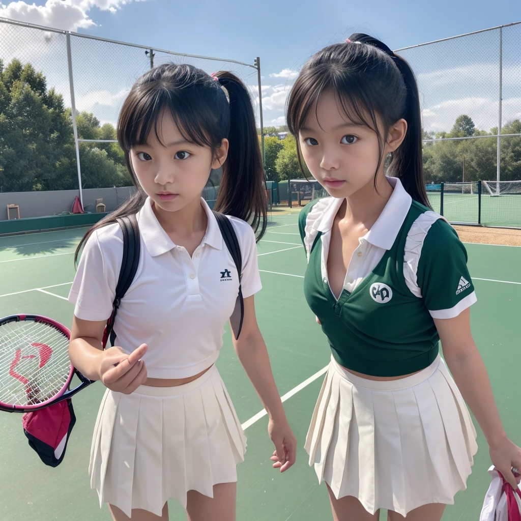 ((((Very young kindergarten or early elementary school age girls: 1.6)))),((Accidentally showing her asshole)),(((Very small breasts and very flat chest))),((Accidentally Exposed Butt:1.3)),((Nipples exposed due to accident:1.3)),A group of European middle school girls,  , are practicing their tennis smashes on a well-maintained school tennis court. They are dressed in sporty, matching tennis outfits—white shirts with pleated skirts or shorts, paired with comfortable sneakers. The girls are focused, their faces showing determination and athletic prowess as they work on perfecting their powerful smashes. The court is surrounded by a green fence, with a few trees and the school's red-brick buildings visible in the background. Some girls are mid-air, their rackets high as they execute their shots, while others are lined up, watching and waiting for their turn with focused expressions. The sun is shining brightly, casting long shadows on the court, and the atmosphere is one of intense practice and camaraderie as they encourage each other and refine their skills.(masterpiece), (Highest quality),Ultra-high resolution, Caustics, Get used to it, Beautiful Get used to it FACE,Perfect Anatomy,Cowboy Shot,Solo Beauty、日BookのBookを読む人、Black Hair,Short Bob Hair,black eye,Slender body,Ideal body type,Medium chest,Sunburned skin,Glowing Skin,Oily skin,Glowing Skin,Are standing,ponytail,((latex、Tennis uniform、White polo shirt、White pleated mini skirt)),tennis racket１Book、正しく描かれたtennis racket:1.12、Outdoor、Tennis court、，Full body image((beautiful pussy line:1.1)