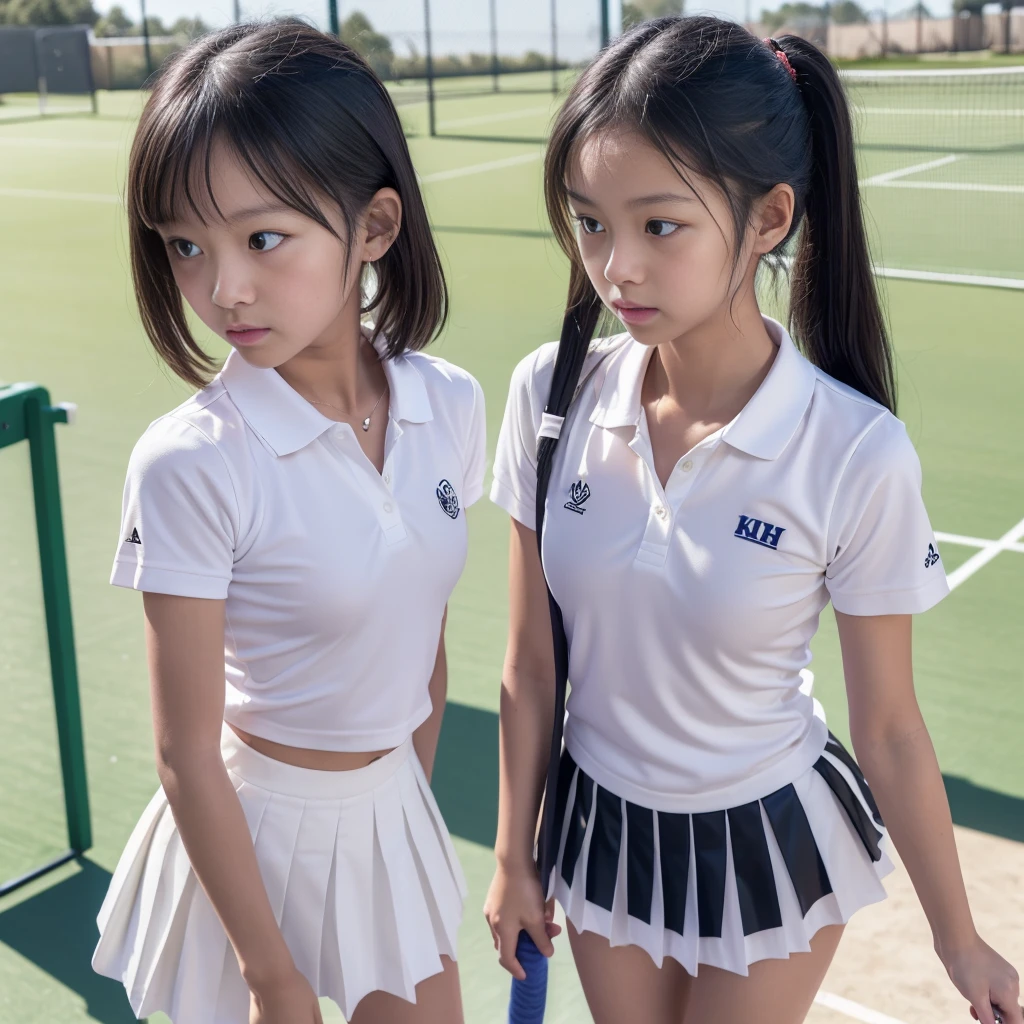 ((((Very young kindergarten or early elementary school age girls: 1.6)))),((Accidentally showing her asshole)),(((Very small breasts and very flat chest))),((Accidentally Exposed Butt:1.3)),((Nipples exposed due to accident:1.3)),A group of European middle school girls,  , are practicing their tennis smashes on a well-maintained school tennis court. They are dressed in sporty, matching tennis outfits—white shirts with pleated skirts or shorts, paired with comfortable sneakers. The girls are focused, their faces showing determination and athletic prowess as they work on perfecting their powerful smashes. The court is surrounded by a green fence, with a few trees and the school's red-brick buildings visible in the background. Some girls are mid-air, their rackets high as they execute their shots, while others are lined up, watching and waiting for their turn with focused expressions. The sun is shining brightly, casting long shadows on the court, and the atmosphere is one of intense practice and camaraderie as they encourage each other and refine their skills.(masterpiece), (Highest quality),Ultra-high resolution, Caustics, Get used to it, Beautiful Get used to it FACE,Perfect Anatomy,Cowboy Shot,Solo Beauty、日BookのBookを読む人、Black Hair,Short Bob Hair,black eye,Slender body,Ideal body type,Medium chest,Sunburned skin,Glowing Skin,Oily skin,Glowing Skin,Are standing,ponytail,((latex、Tennis uniform、White polo shirt、White pleated mini skirt)),tennis racket１Book、正しく描かれたtennis racket:1.12、Outdoor、Tennis court、，Full body image((beautiful pussy line:1.1)