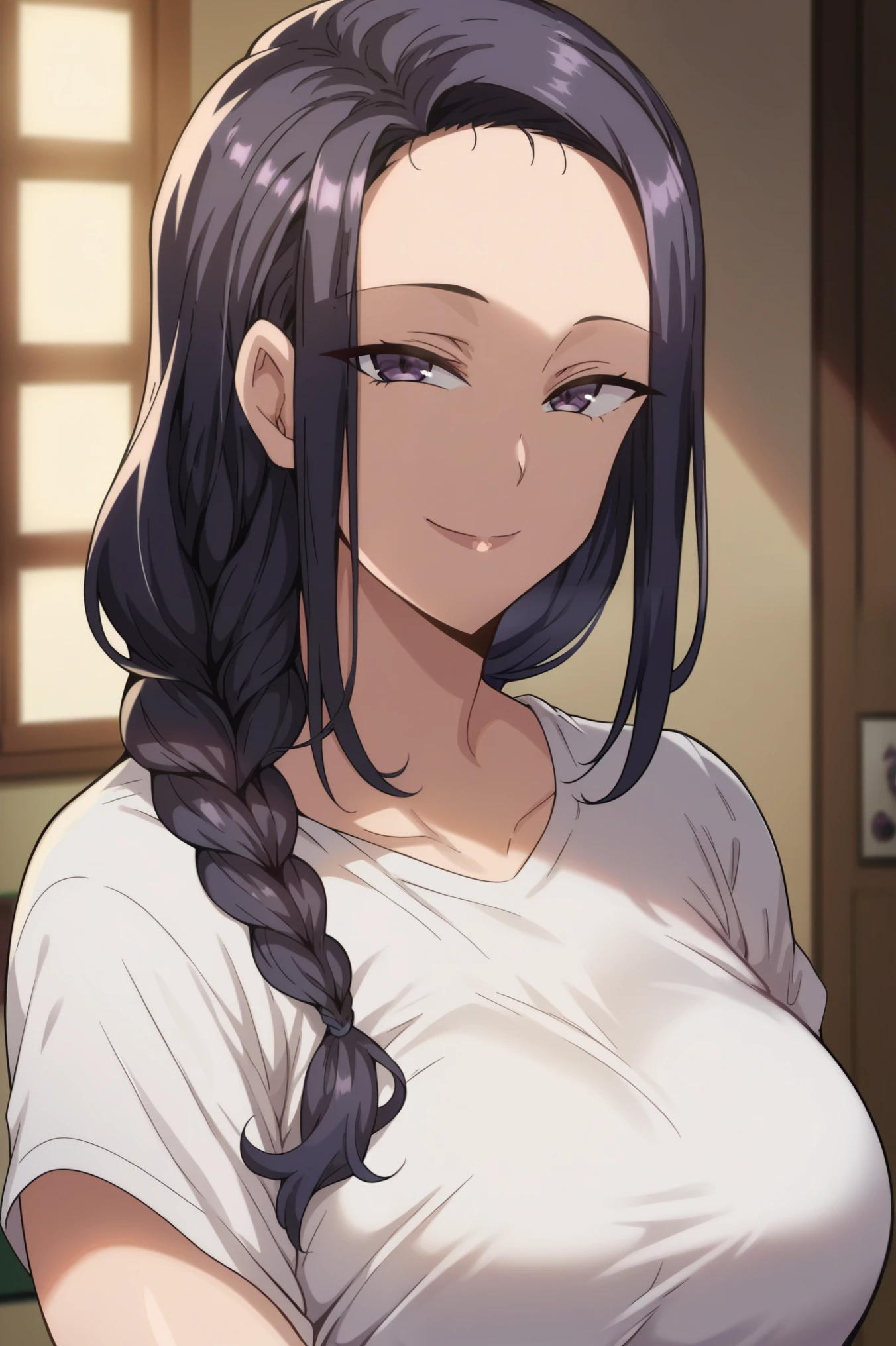 Tsubaki,1girl,mature female,long hair,black hair,purple eyes,hair over shoulder,braid,breasts,t-shirt,upper body,smile,looking at viewer,indoors