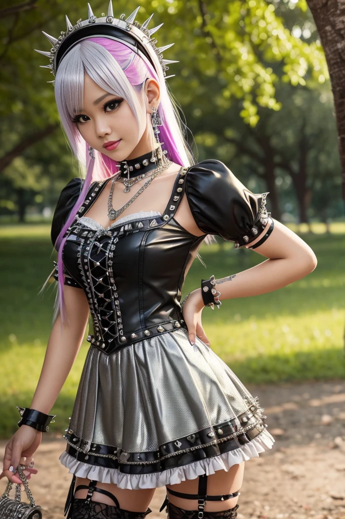 sexy stylish Thai model, only 1 female, long multicolor stylish hair, ((shiny Punk-Style boots)), (big smile), ultra detailed eyes, professional makeup, lipgloss, ((sexy Punk Lolita cosplay)), unconventional skirt, petticoats, high neckline, ((ultra detailed lace)), ((ultra detailed embroidery)), intricate details, tartan patterns, ((silver chains)), ((silver spikes)), ((safety pins)), Punk Lolita accessoires, Punk Lolita choker, ((large sparkling Punk Lolita jewelry)), cinematic light, detailed large park background with trees 