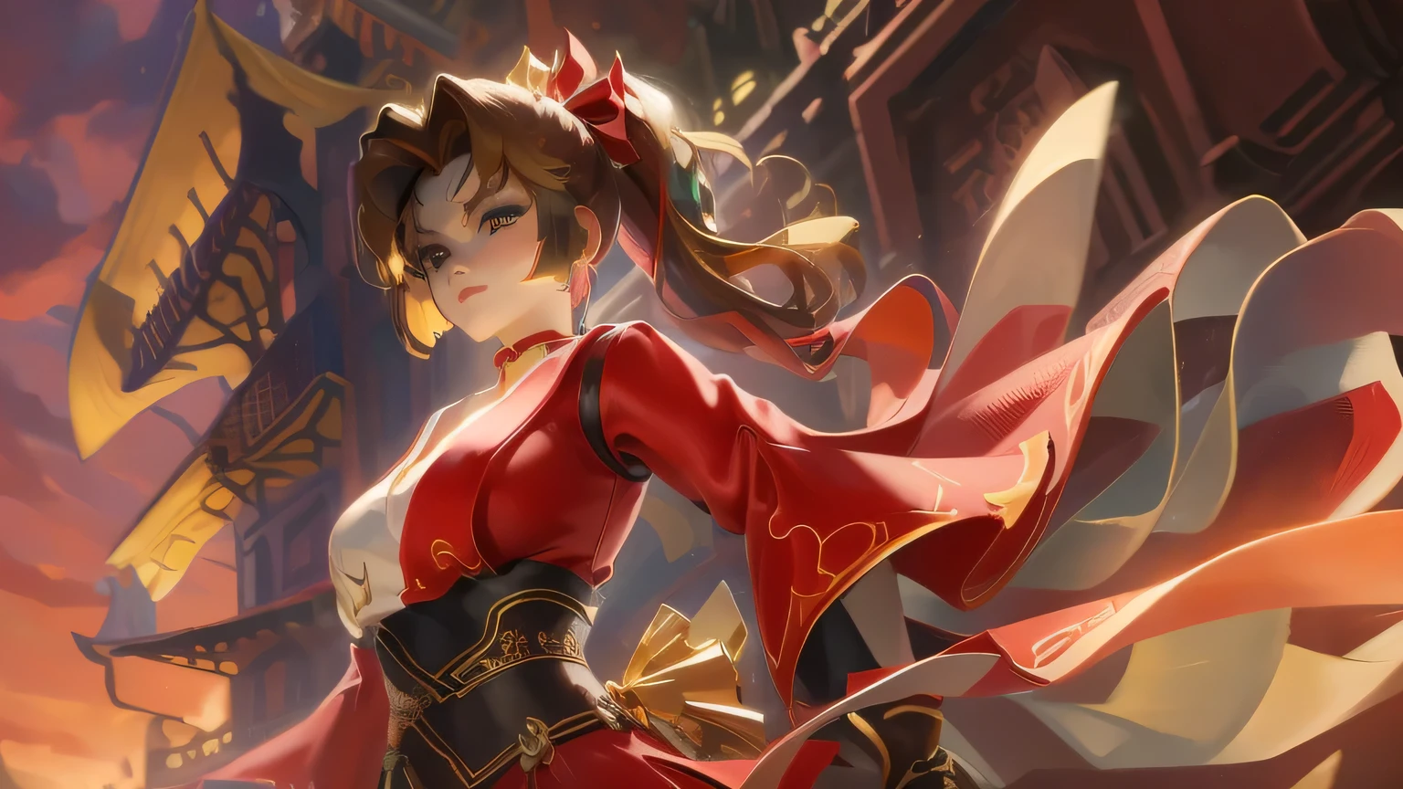 8K，Extremely high image quality，A high resolution, 1girll, Solo, Detailed face，Stunning face，thigh boots, hair adornments, view the viewer, Beautiful eyes,pony tails，The princess cuts the bangs，Single glove,sash,Red dress,Obi,choker necklace,Cowboy shot, Chinese Ancient Architecture, Mature female,Cross your hands at the waist，