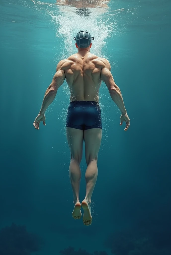 (1 man), muscular body, diving in crystal clear water, vibrant reflections, (perfect body proportions), background in shades of light blue, soft waves, aquatic nuances, Kodak Portra 400, natural light, intricate details, hyper-realistic photography, cinematic, cinema, hyper-detail, UHD, color correction,  hdr, color grading, hyper-realistic CG animation, in realistic style, oil painting, with a touch of surrealism,