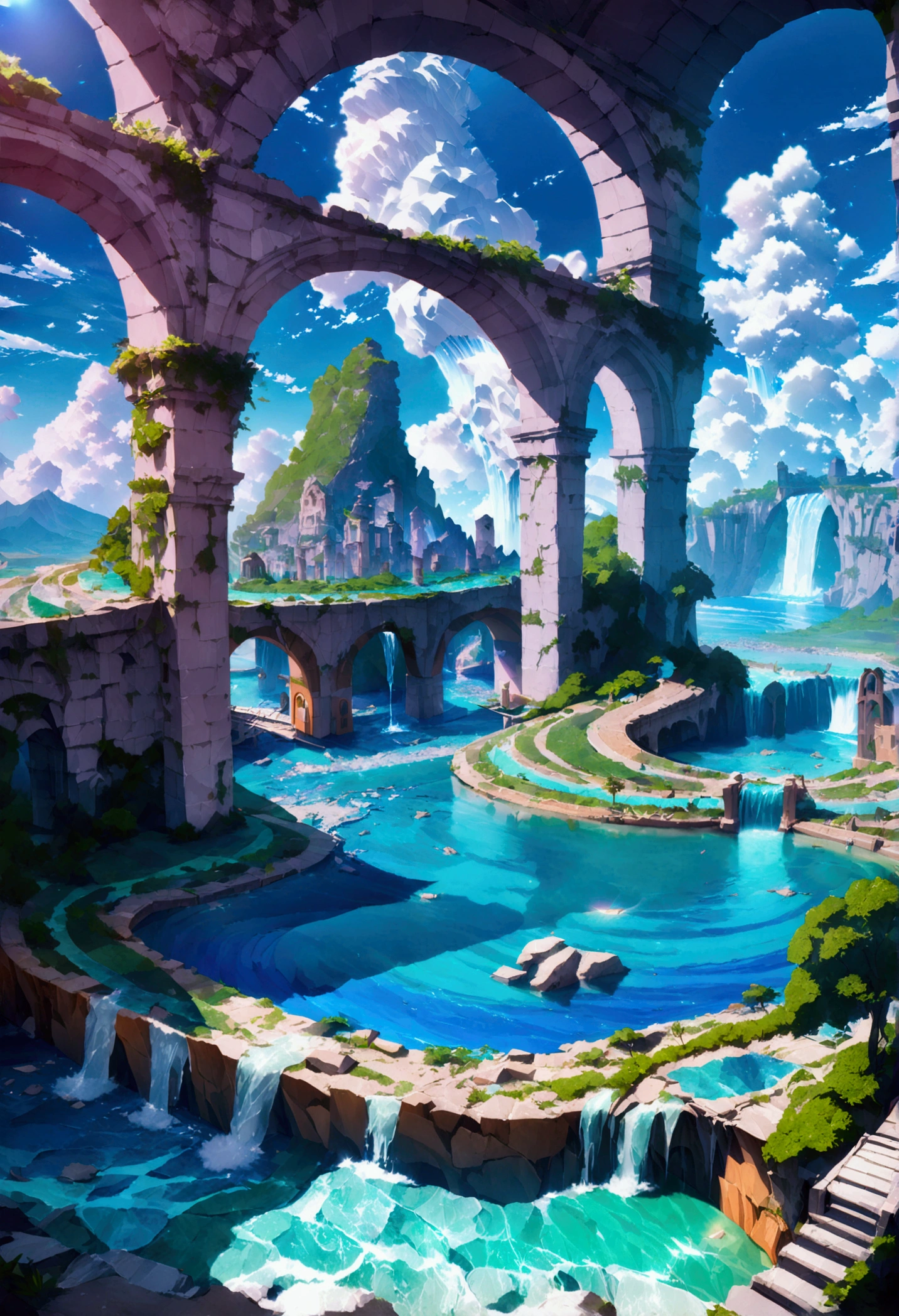 8K resolution, surreal, Super detailed, high quality, fantastical city, towering archways and bridges, cascading waterfalls, ancient ruins, lush greenery, winding river, blue skies with fluffy clouds, detailed stone structures, scenic landscapes, mix of natural and architectural beauty, vibrant colors