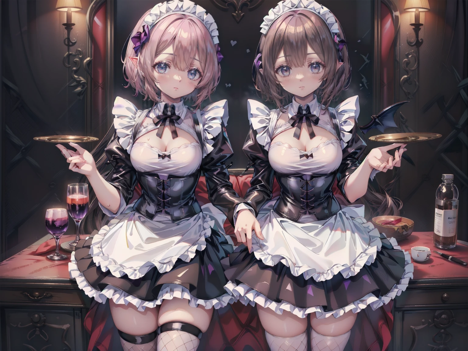 Two beautiful mature women:1.3,Sisters,(Detailed Description,Unbelievably absurd,High resolution,8k wallpaper,masterpiece,Highest quality,Regional Depth,Anatomically accurate depiction),(Glowing Skin,Glowing Skin,Oilskin),((Succubus disguised as a maid)),(Black and white latex maid outfit,Maid Skirt,corset,Fishnet tights,Little devil&#39;s wings),eyelash,(Glowing purple eyes,Crazy Eyes,There is cleavage in the chest,Wicked Smile,Glossy lipstick,The two of them making seductive gestures:1.3,Half-closed eyes:1.2),Sweat,(whole body),Pink light,