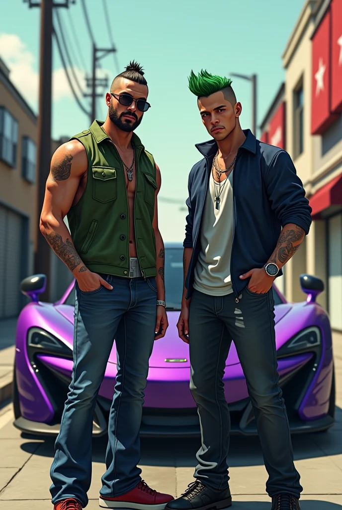  A man with half a body and a clean-shaven face, and a man with colored hair and a clean-shaven face looking forward, one of the men makes a hand sign, In sunglasses, man with half body in GTA V style, like a character from gta, gta5 style, GTA V style, gta character, Germa985 , as the main character of gta 5, GTA 6 style, ! split hair dye!, Персонаж GTA V, gta 5 skin tone, GTA V street style, purple sports car in the background, photo with half body full length, car in front man with short hair, and the car is a purple McLaren P1  
