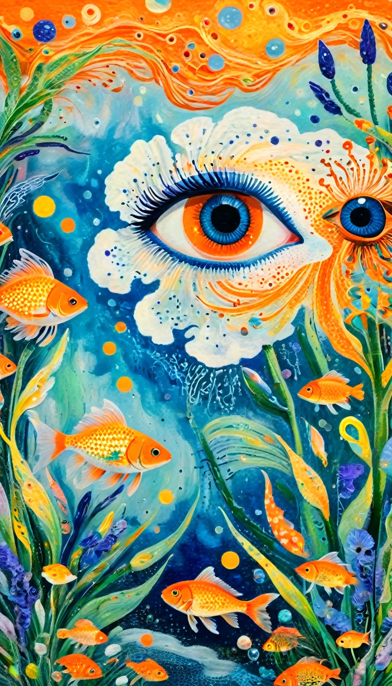 Psychedelic Art:Eye、iris、fish、Tentacles、bird、Eye、diatom,Abstract mosaic painting,Describing the inner world of autistic people,Sense of space,White Space,interesting,Innocence,Psychedelic Art,Orange overall