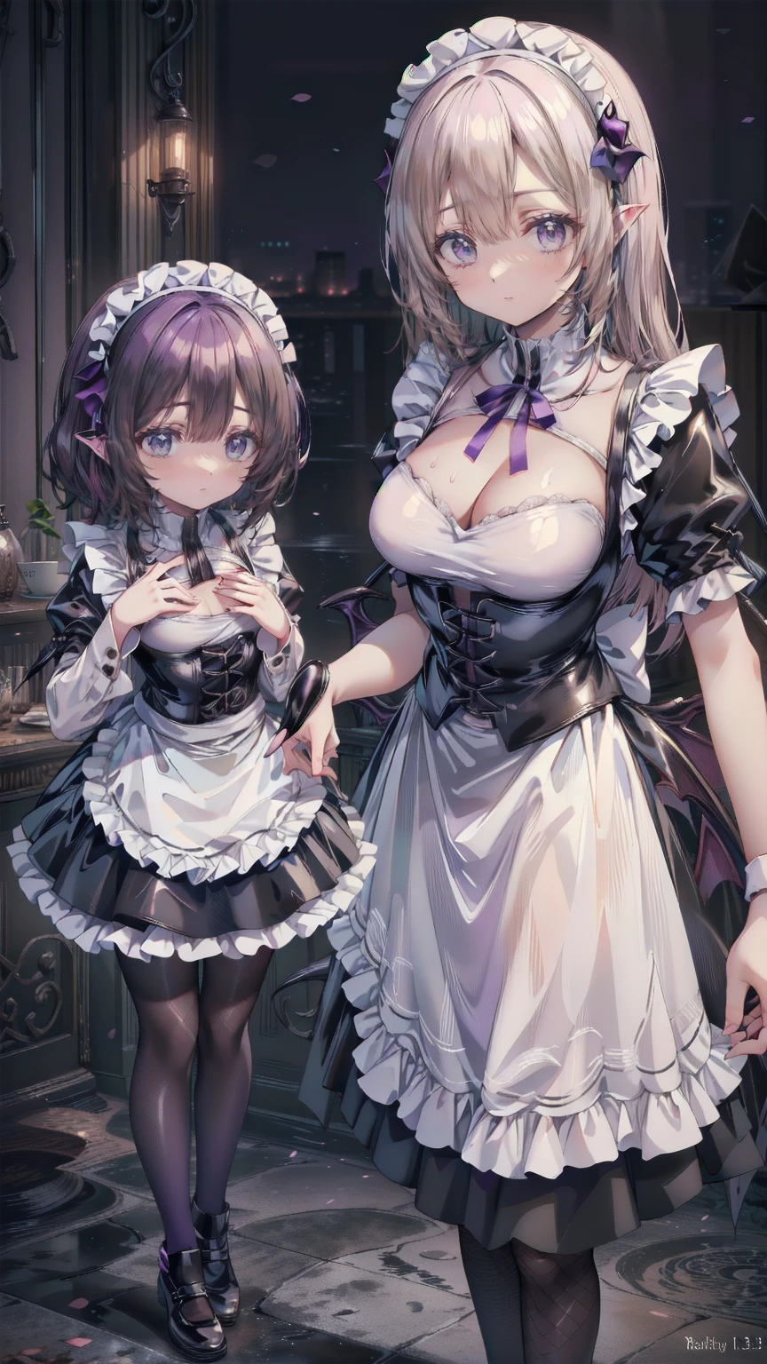 Two beautiful mature women:1.3,Sisters,(Detailed Description,Unbelievably absurd,High resolution,8k wallpaper,masterpiece,Highest quality,Regional Depth,Anatomically accurate depiction),(Glowing Skin,Glowing Skin,Oilskin),((Succubus disguised as a maid)),(Black and white latex maid outfit,Maid Skirt,corset,Fishnet tights,Little devil&#39;s wings),eyelash,(Glowing purple eyes,Crazy Eyes,There is cleavage in the chest,Wicked Smile,Glossy lipstick,The two of them making seductive gestures:1.3,Half-closed eyes:1.2),Sweat,(whole body),Pink light,